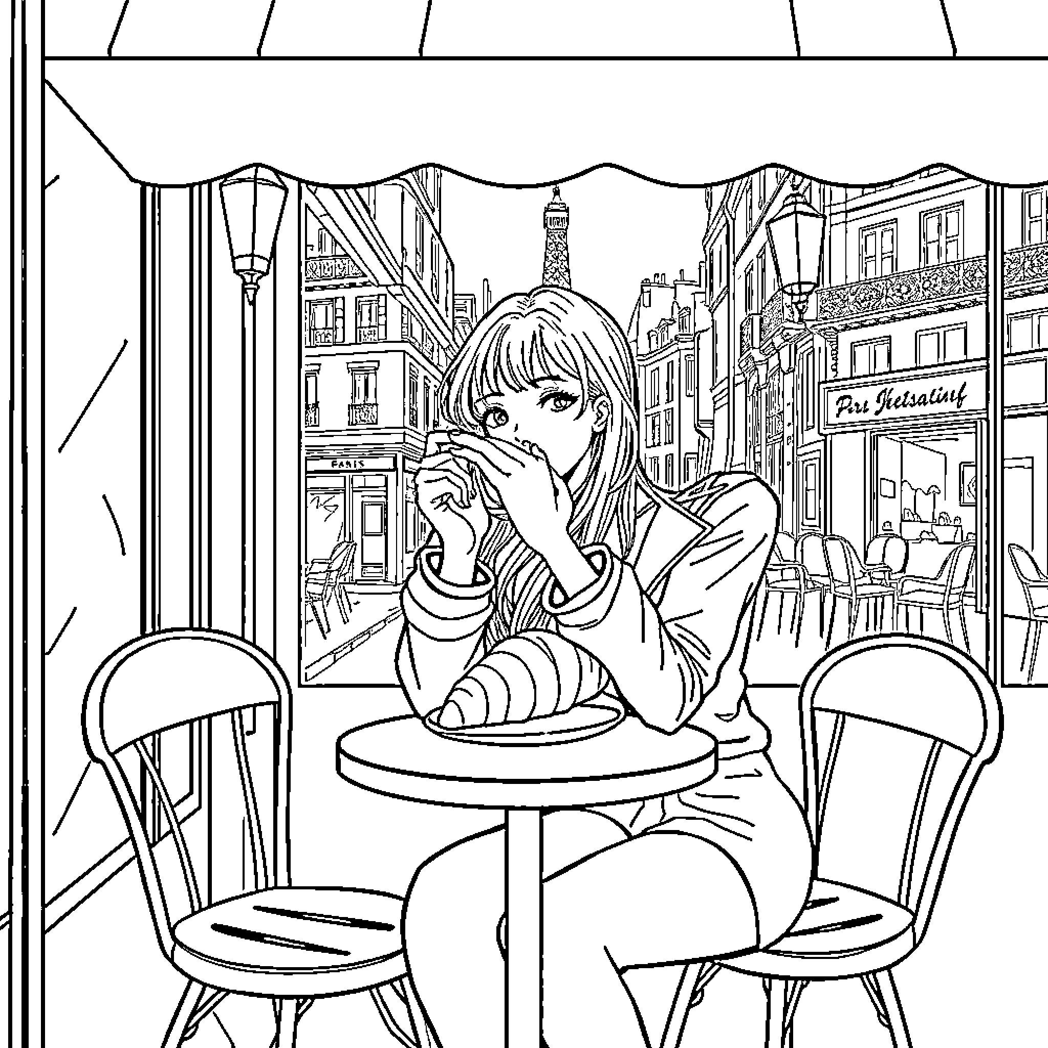 Zoey's Contemplative Moment in a Parisian Cafe Coloring Page (free black-and-white line drawing printable PDF for all, from beginners to advanced learners, including children, teens, adults, and seniors)