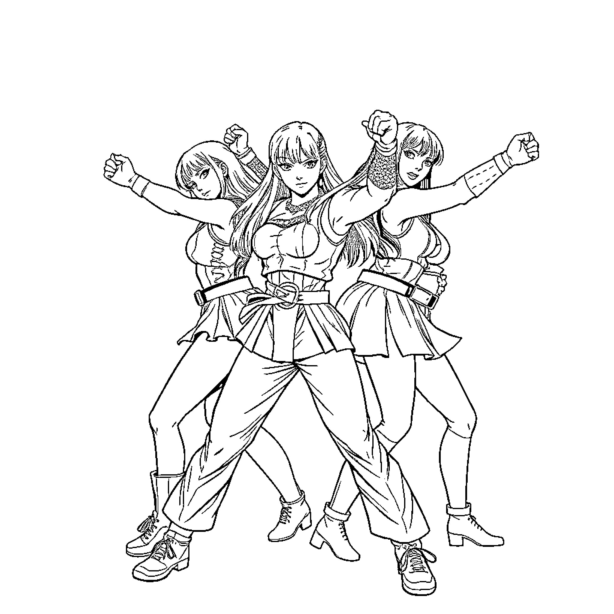 Kpop Warriors Strike Fierce Poses Coloring Page (free black-and-white line drawing printable PDF for all, from beginners to advanced learners, including children, teens, adults, and seniors)