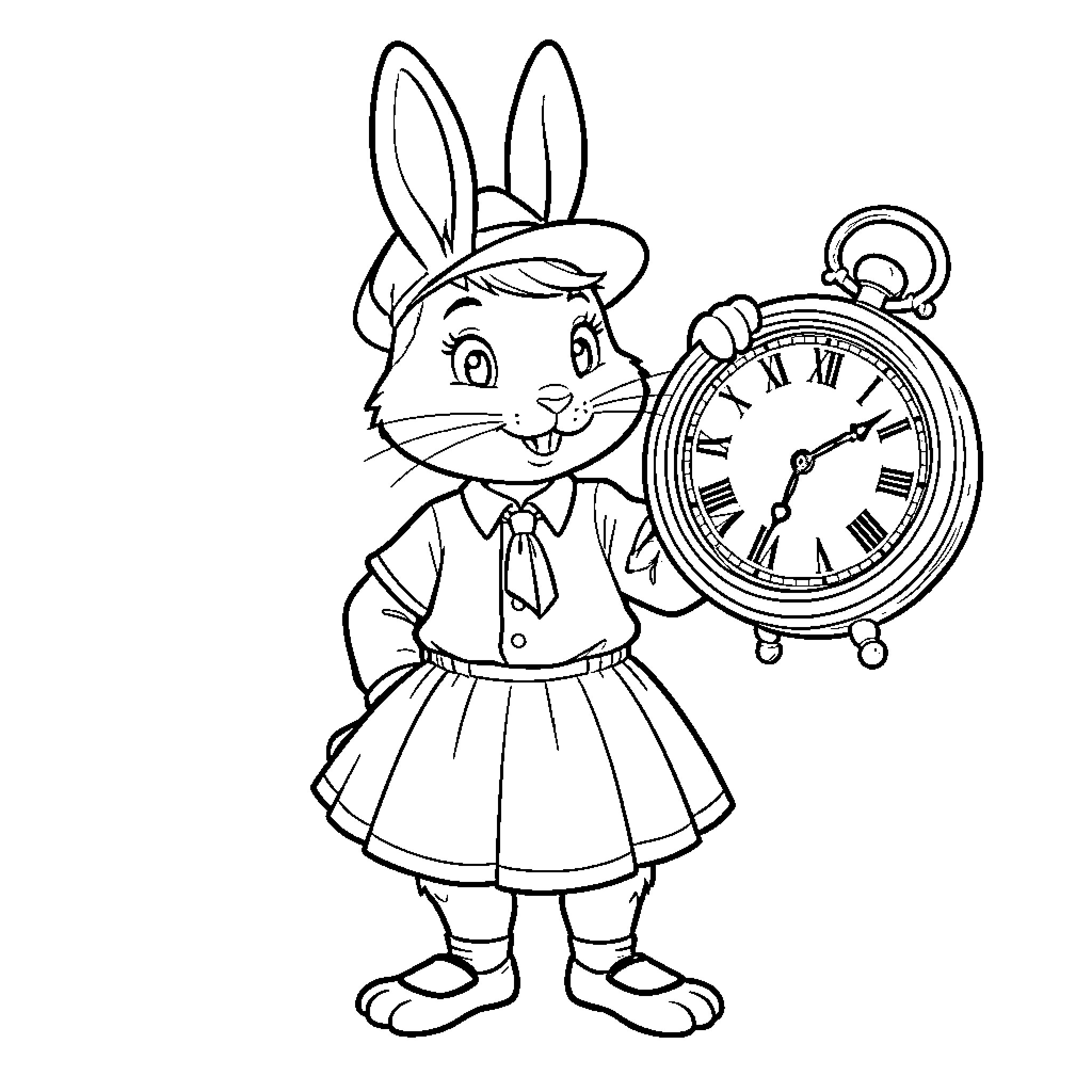 Rabbit wearing clothes holding a large pocket watch Coloring Page (free black-and-white line drawing printable PDF for all, from beginners to advanced learners, including children, teens, adults, and seniors)