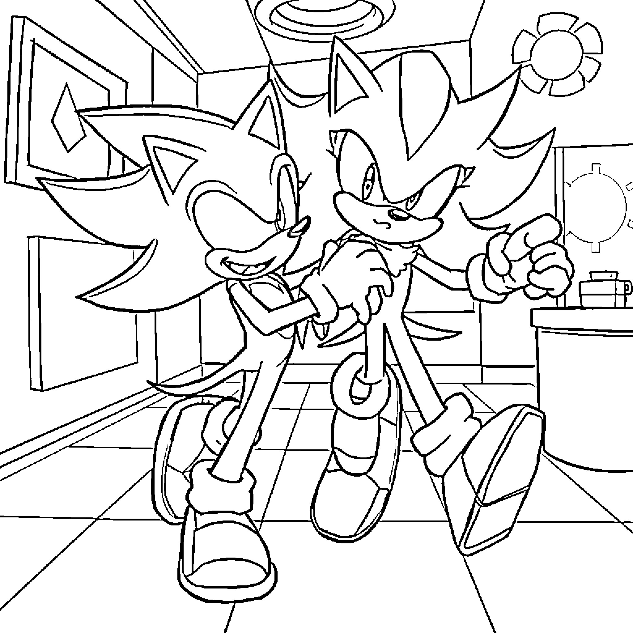 Sonic's Adventurous Antics in a Whimsical Environment Coloring Page (free black-and-white line drawing printable PDF for all, from beginners to advanced learners, including children, teens, adults, and seniors)