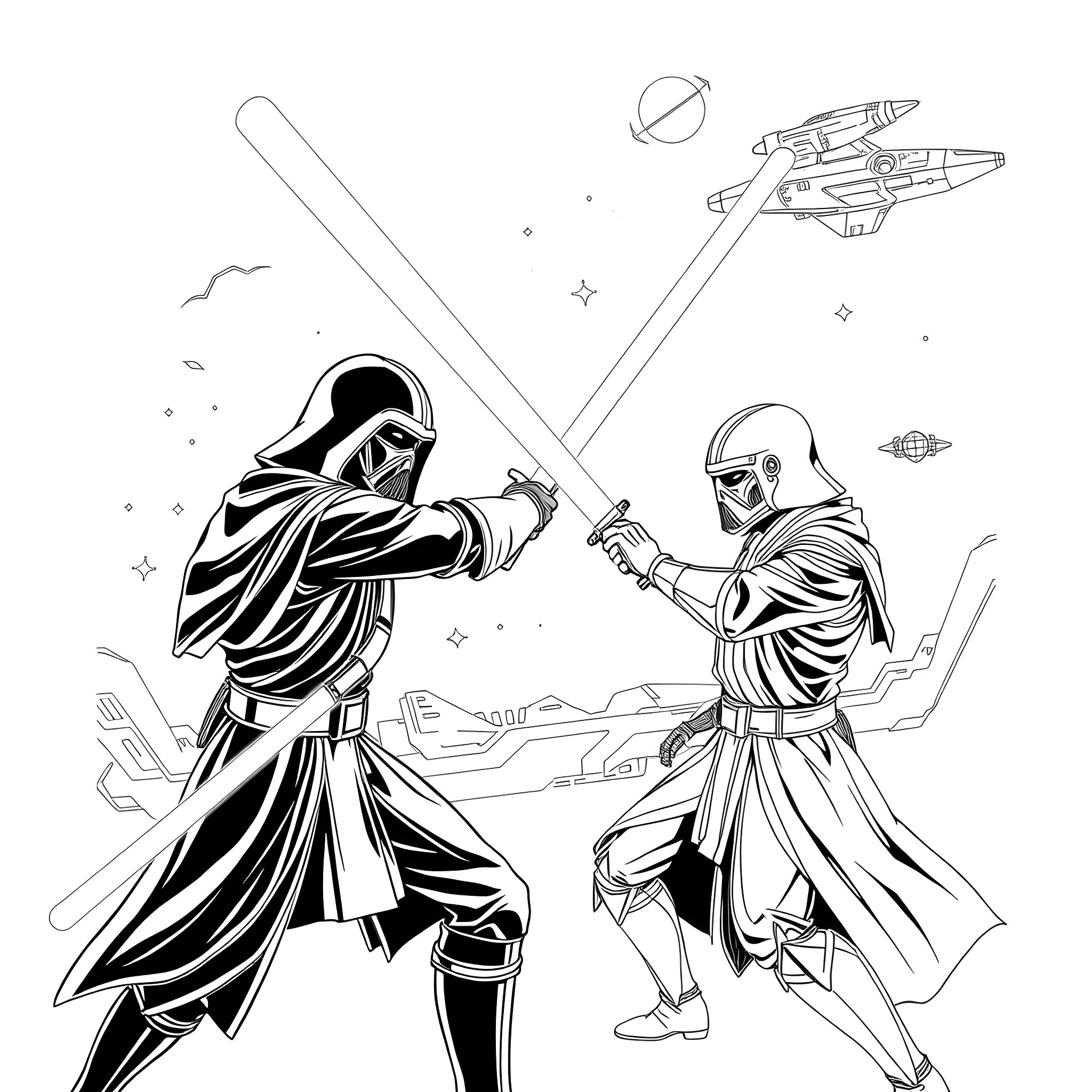 Lightsaber duel between two warriors in futuristic outfits Coloring Page (free black-and-white line drawing printable PDF for all, from beginners to advanced learners, including children, teens, adults, and seniors)