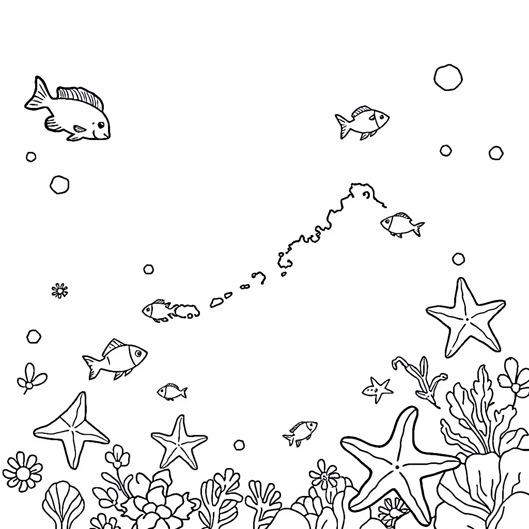 Map of underwater marine life with fish and starfish Coloring Page (free black-and-white line drawing printable PDF for all, from beginners to advanced learners, including children, teens, adults, and seniors)