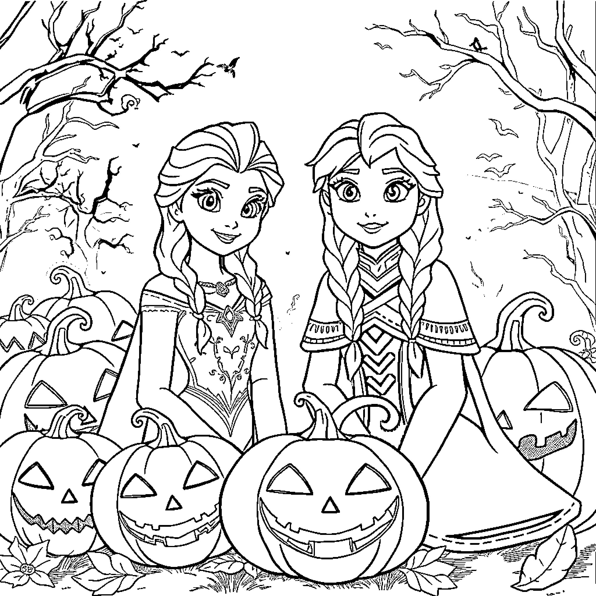 Elsa and Anna Celebrate Halloween in the Forest Coloring Page (free black-and-white line drawing printable PDF for all, from beginners to advanced learners, including children, teens, adults, and seniors)
