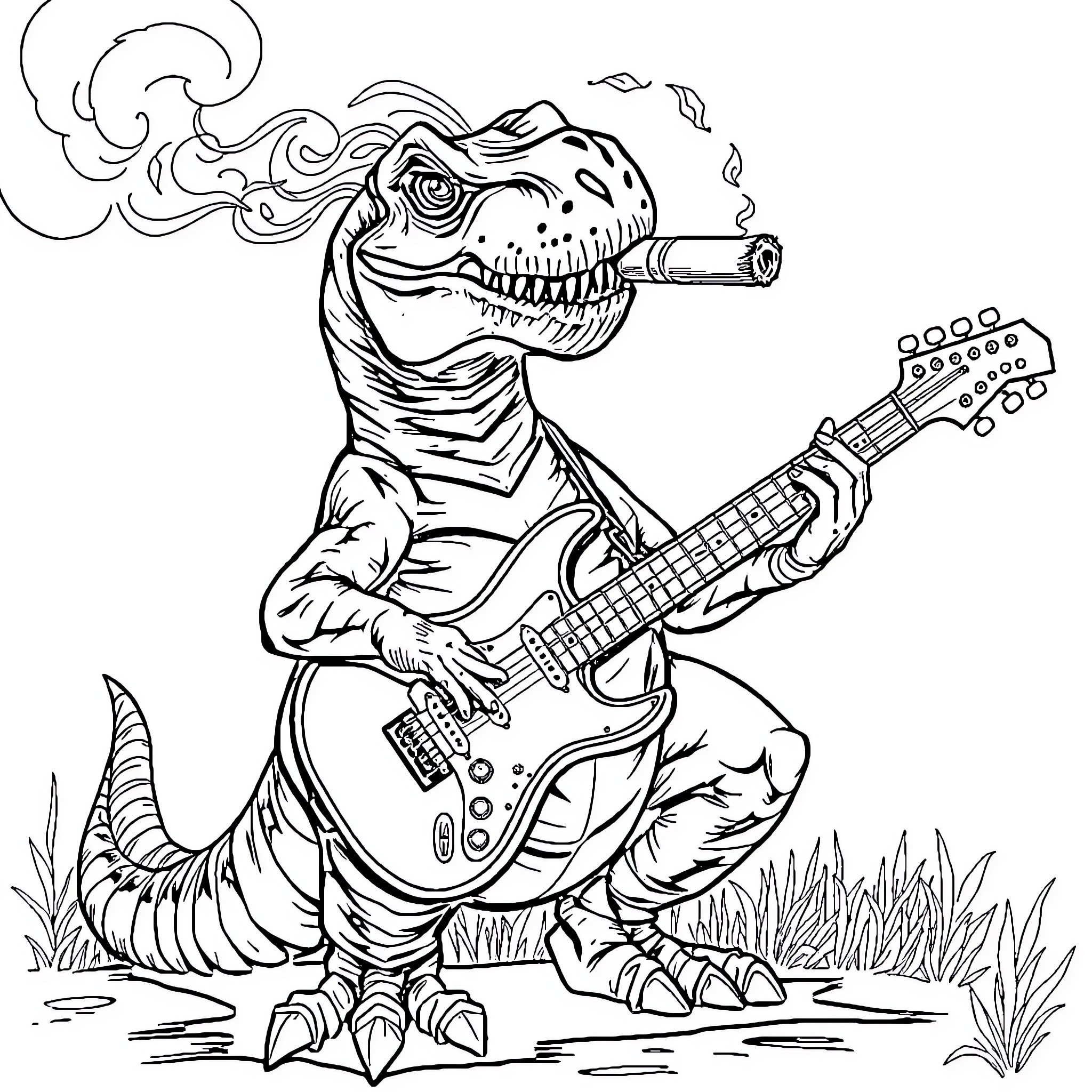 Dinosaur playing electric guitar in the wild Coloring Page (free black-and-white line drawing printable PDF for all, from beginners to advanced learners, including children, teens, adults, and seniors)