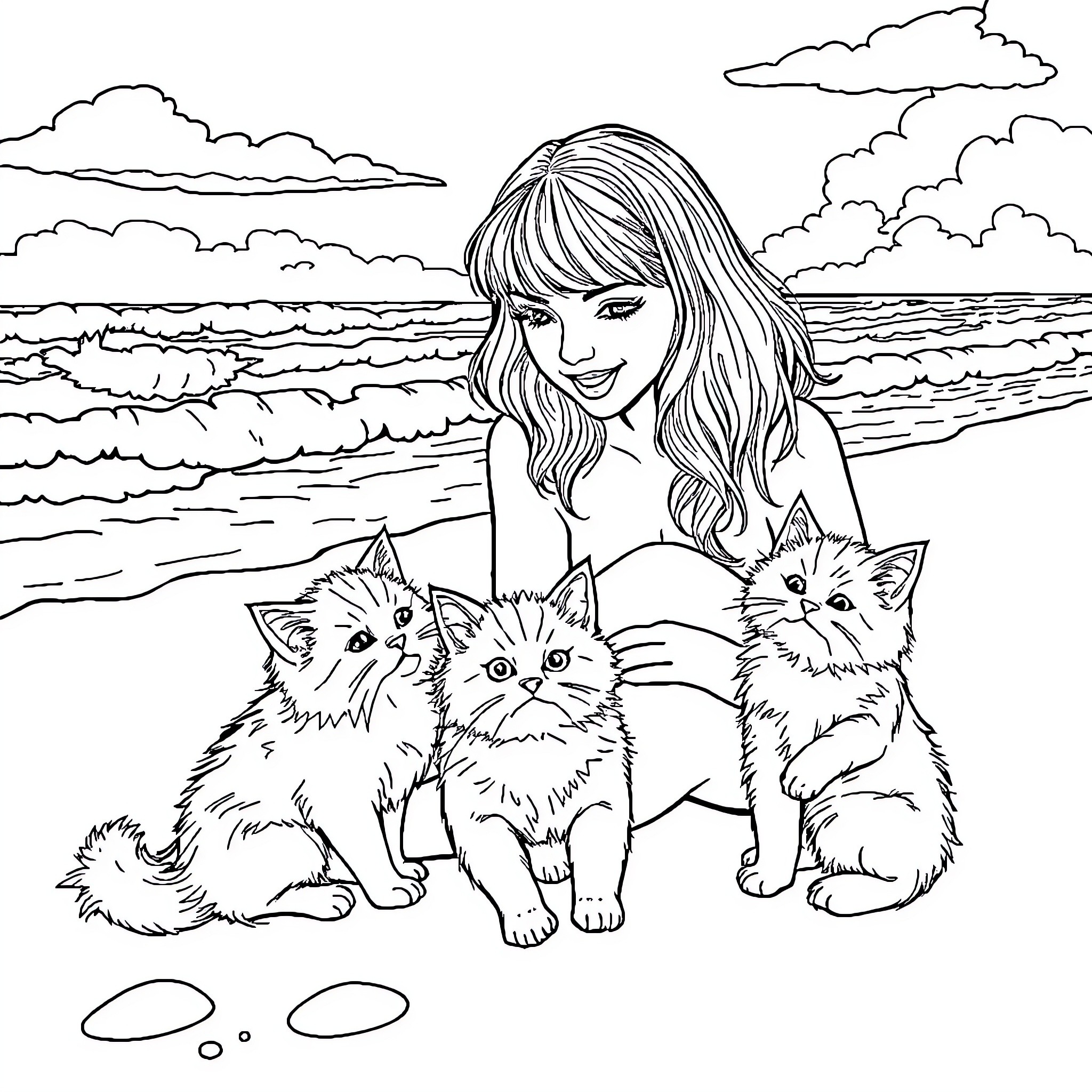 Cat and Girl Enjoying the Beach Coloring Page (free black-and-white line drawing printable PDF for all, from beginners to advanced learners, including children, teens, adults, and seniors)