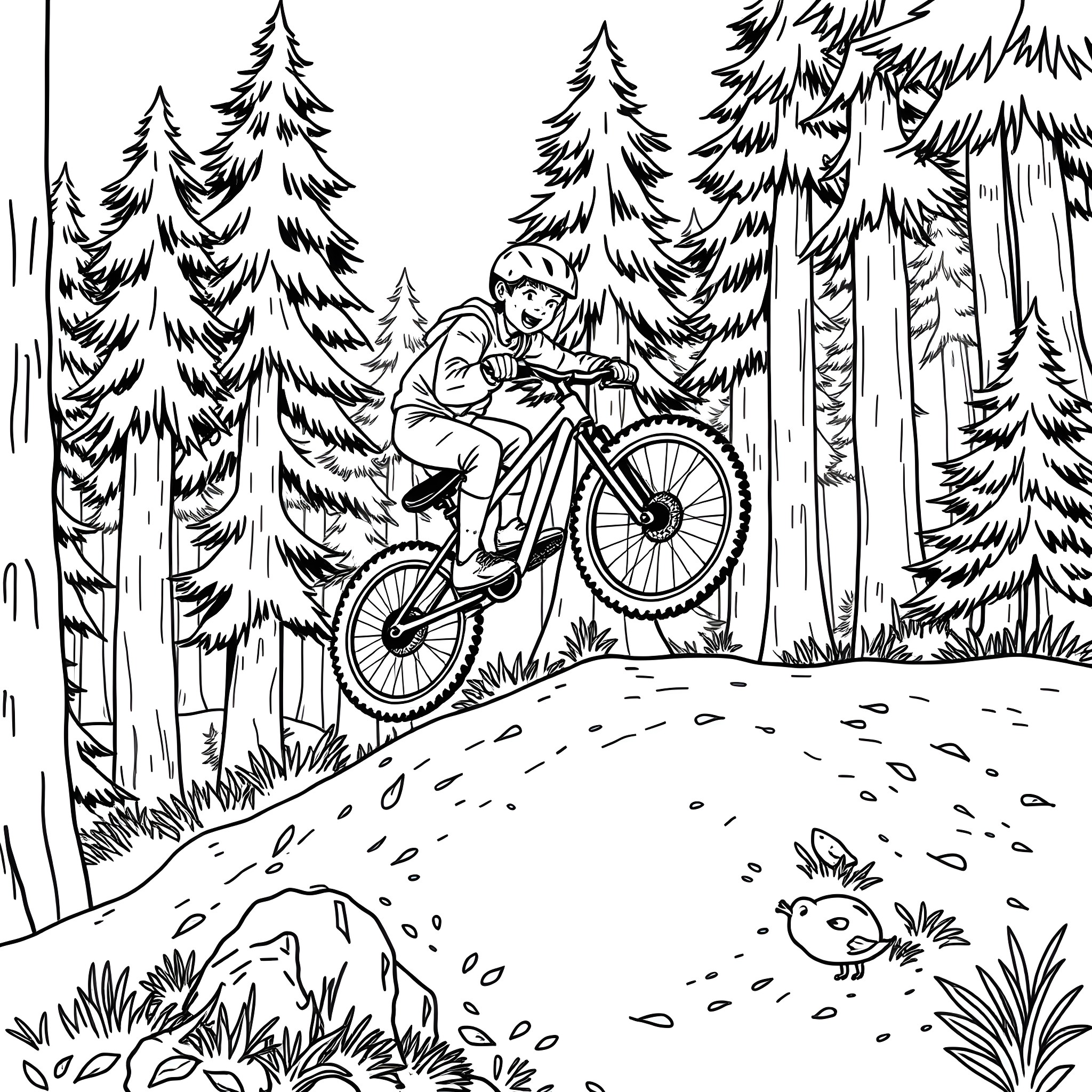 Boy riding bicycle through the forest Coloring Page (free black-and-white line drawing printable PDF for all, from beginners to advanced learners, including children, teens, adults, and seniors)