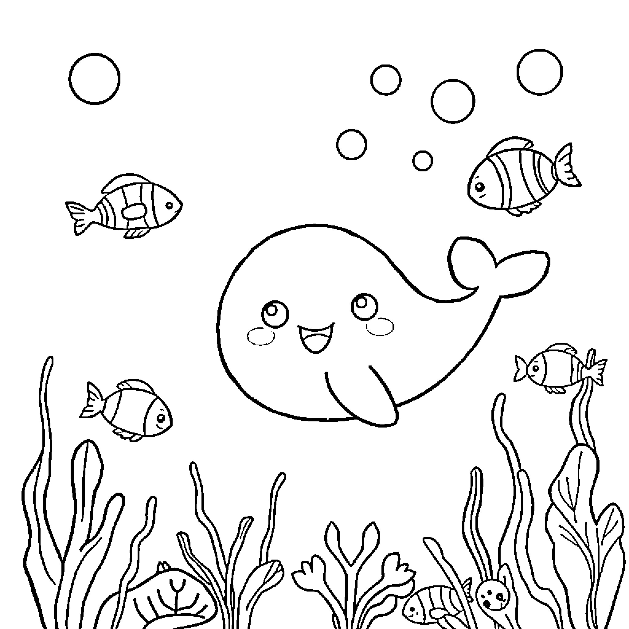Whale surrounded by friendly underwater creatures Coloring Page (free black-and-white line drawing printable PDF for all, from beginners to advanced learners, including children, teens, adults, and seniors)