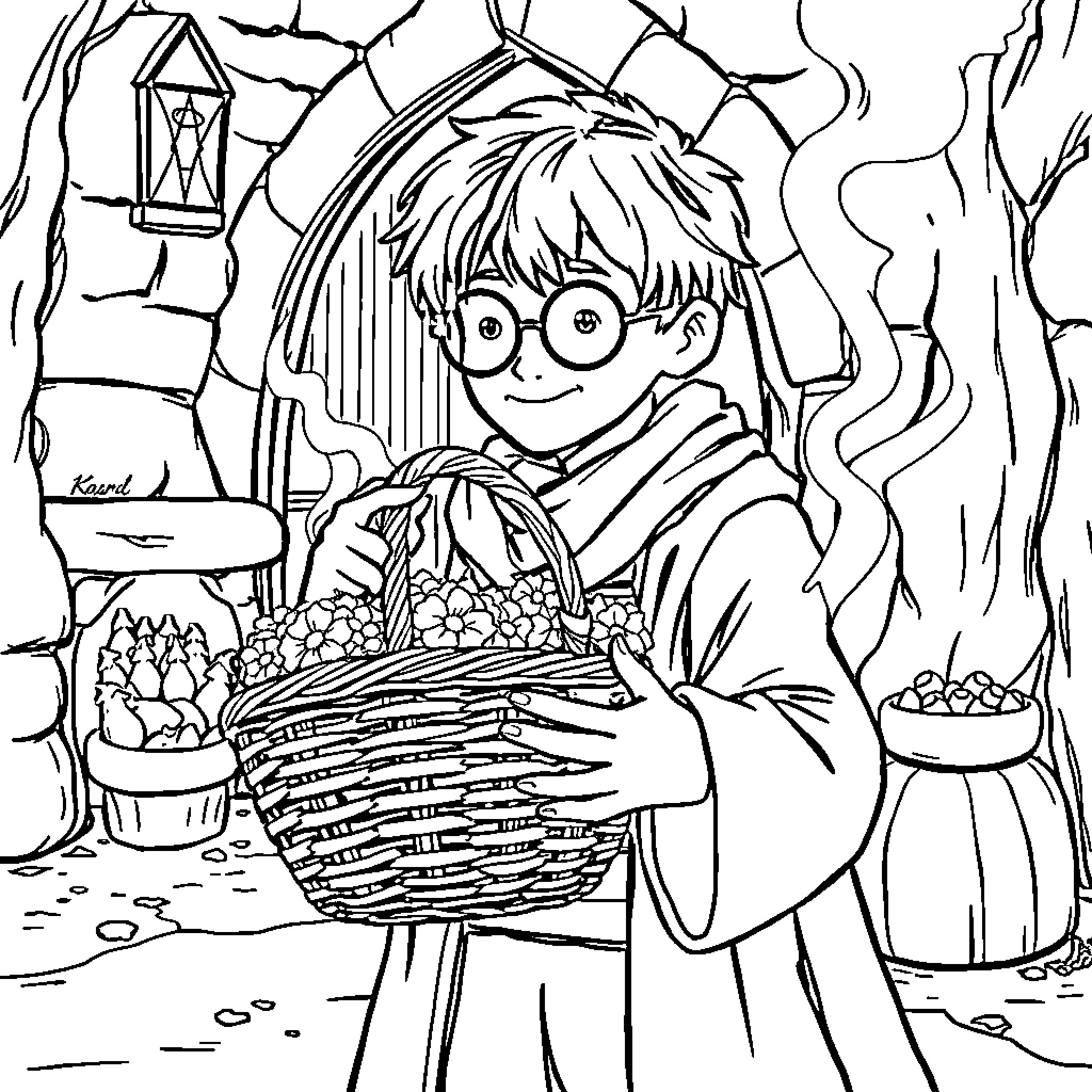 Koszyk - Boy with Basket in Spooky Forest Coloring Page (free black-and-white line drawing printable PDF for all, from beginners to advanced learners, including children, teens, adults, and seniors)