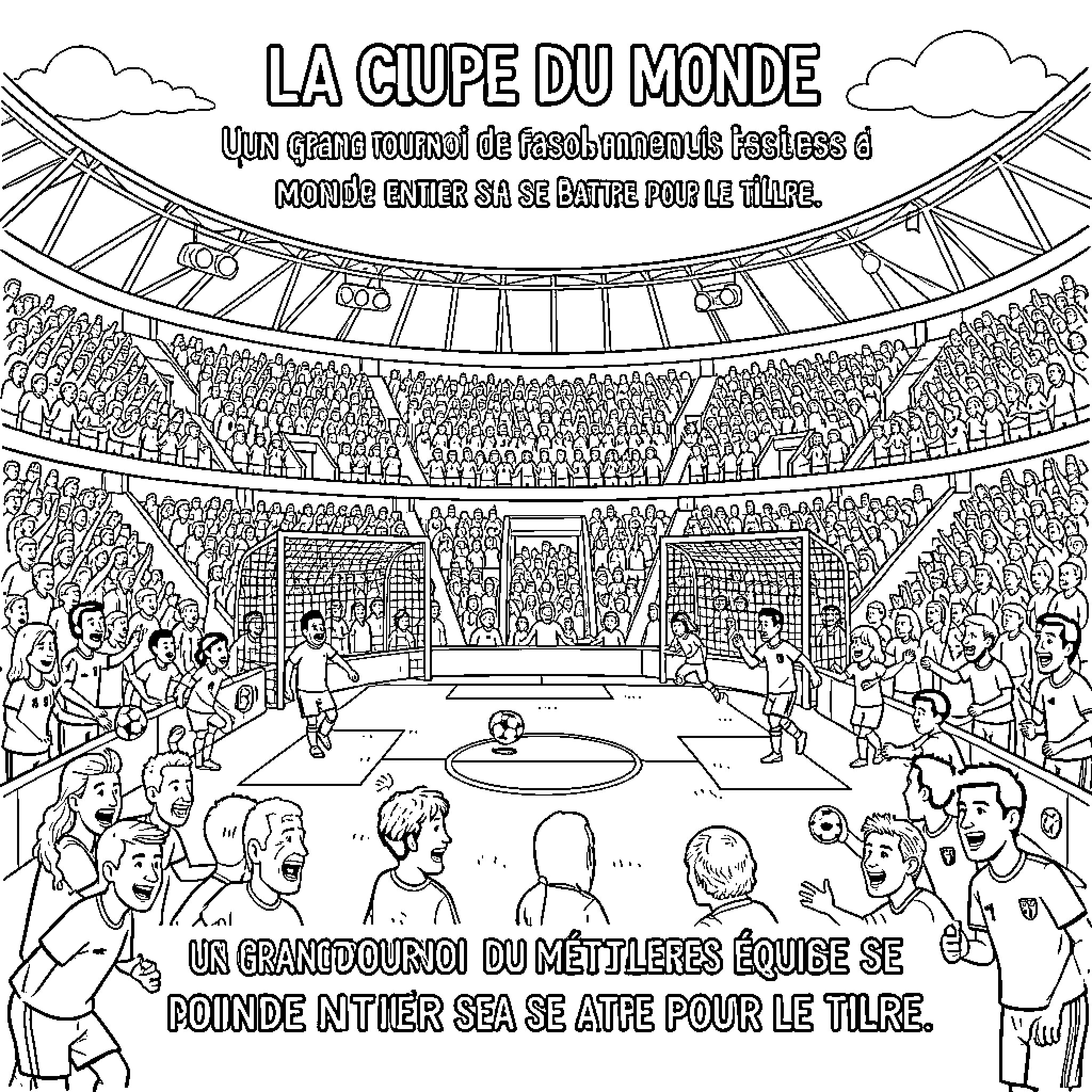 World Cup football match in a crowded stadium Coloring Page (free black-and-white line drawing printable PDF for all, from beginners to advanced learners, including children, teens, adults, and seniors)