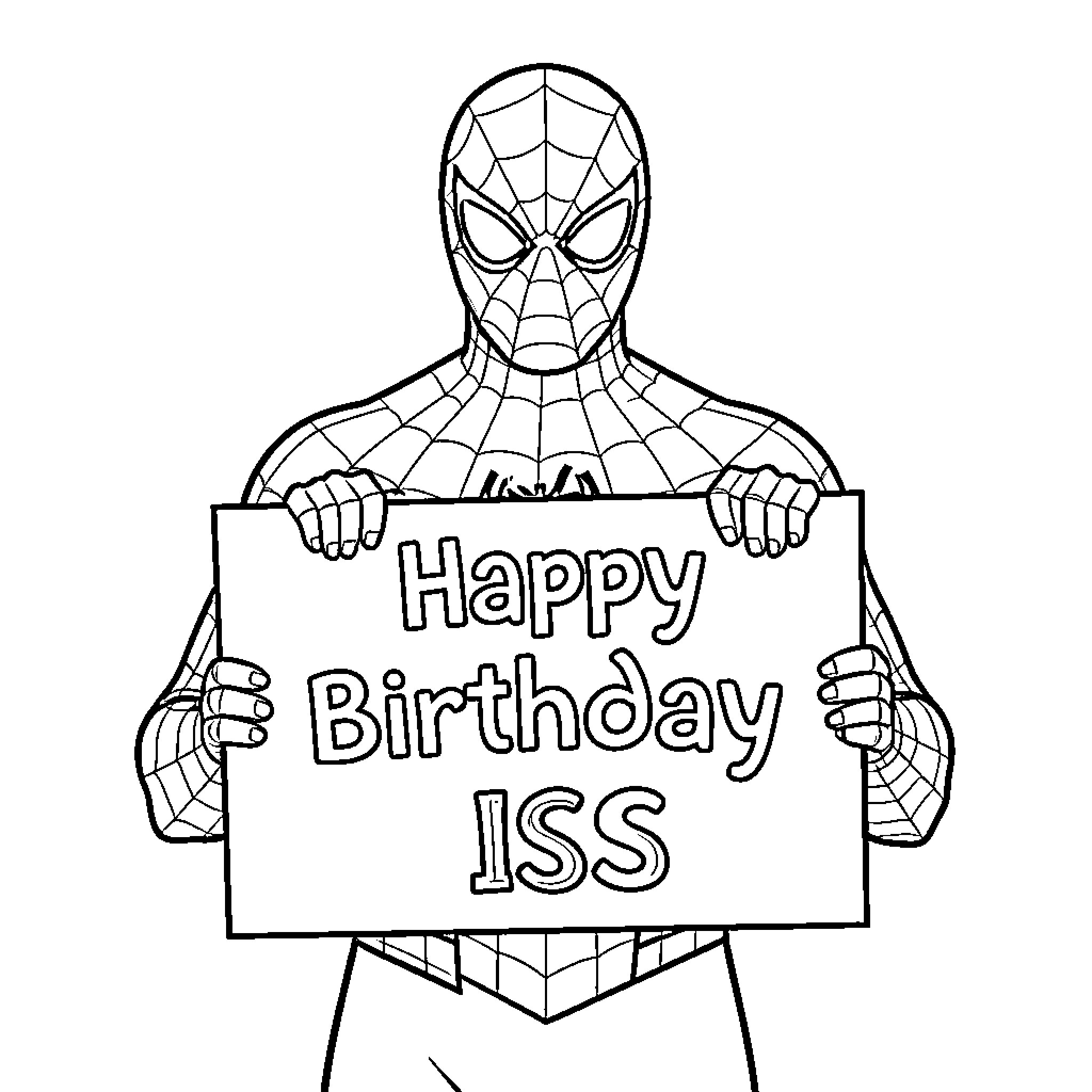 Spiderman holding a large birthday greeting sign Coloring Page (free black-and-white line drawing printable PDF for all, from beginners to advanced learners, including children, teens, adults, and seniors)