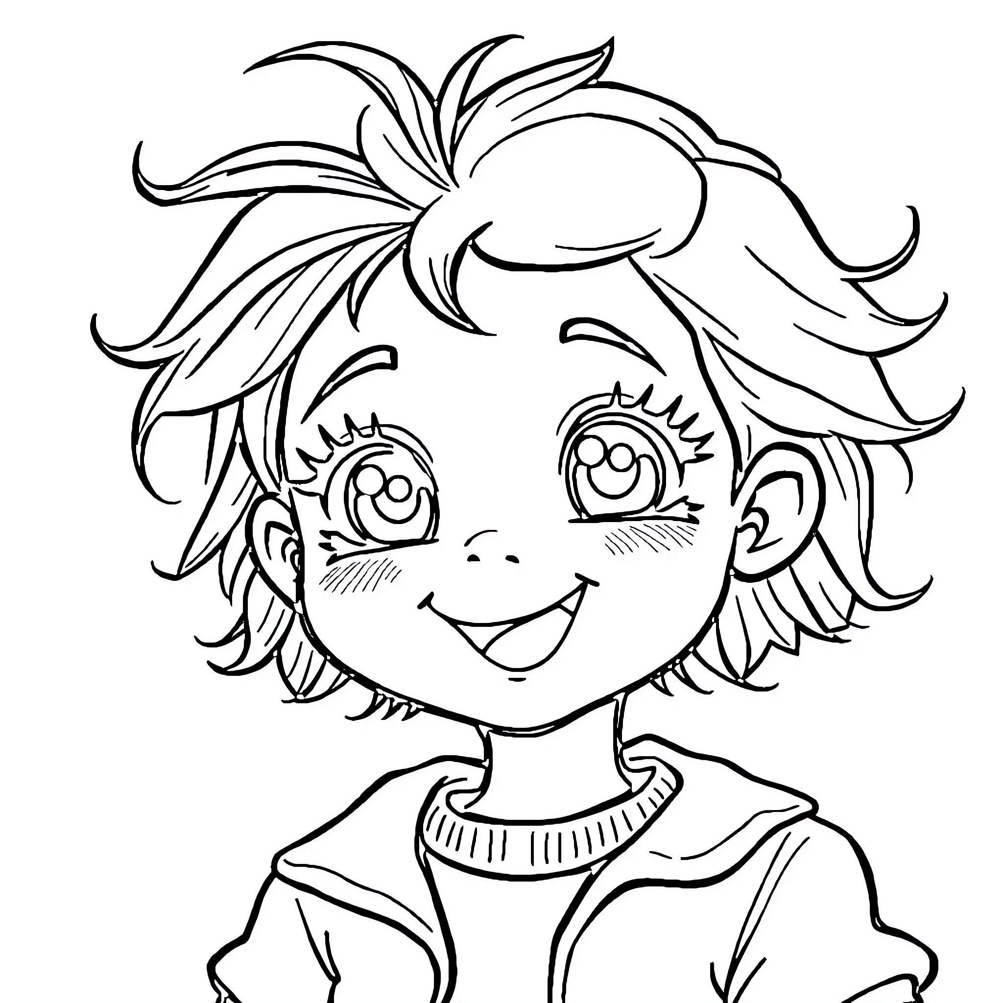Spunki's Cheerful Expression and Unique Hairstyle Coloring Page (free black-and-white line drawing printable PDF for all, from beginners to advanced learners, including children, teens, adults, and seniors)