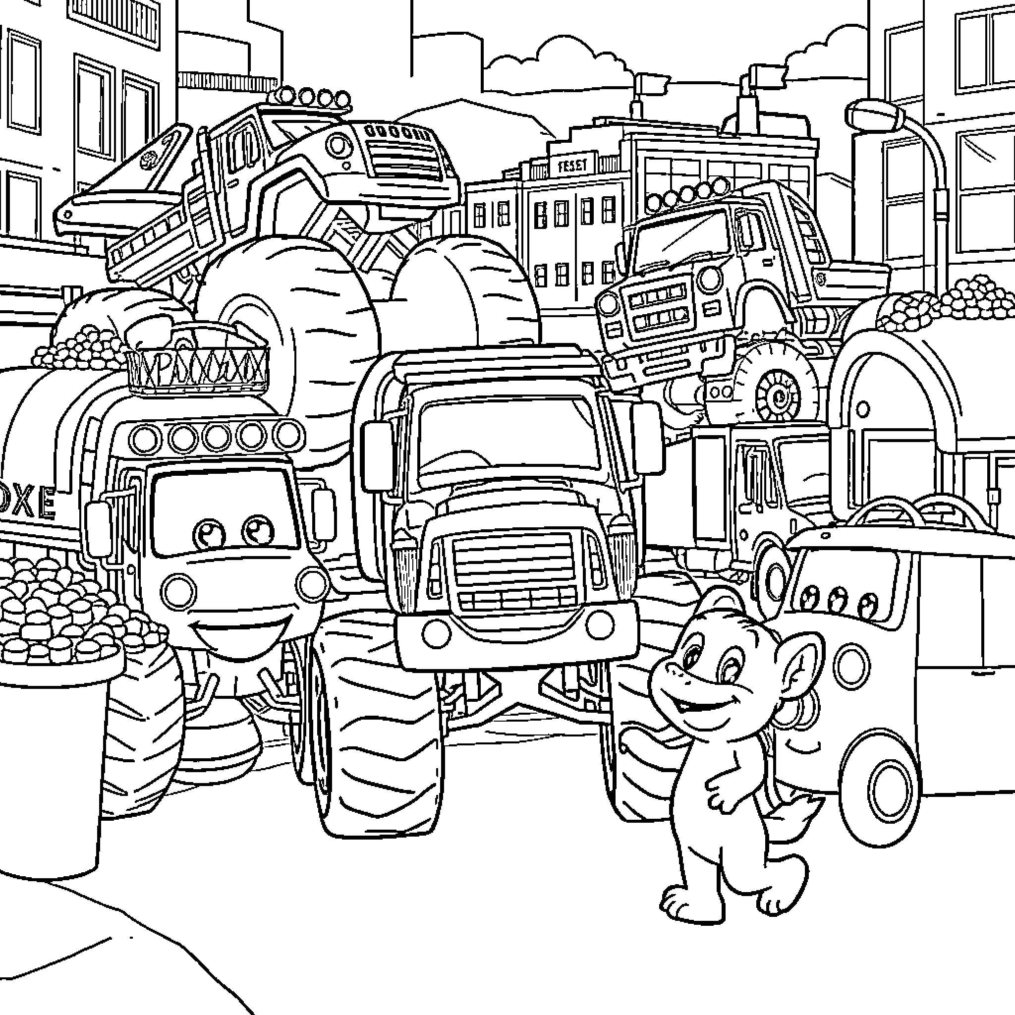 Truck convoy with cartoon characters in the city Coloring Page (free black-and-white line drawing printable PDF for all, from beginners to advanced learners, including children, teens, adults, and seniors)