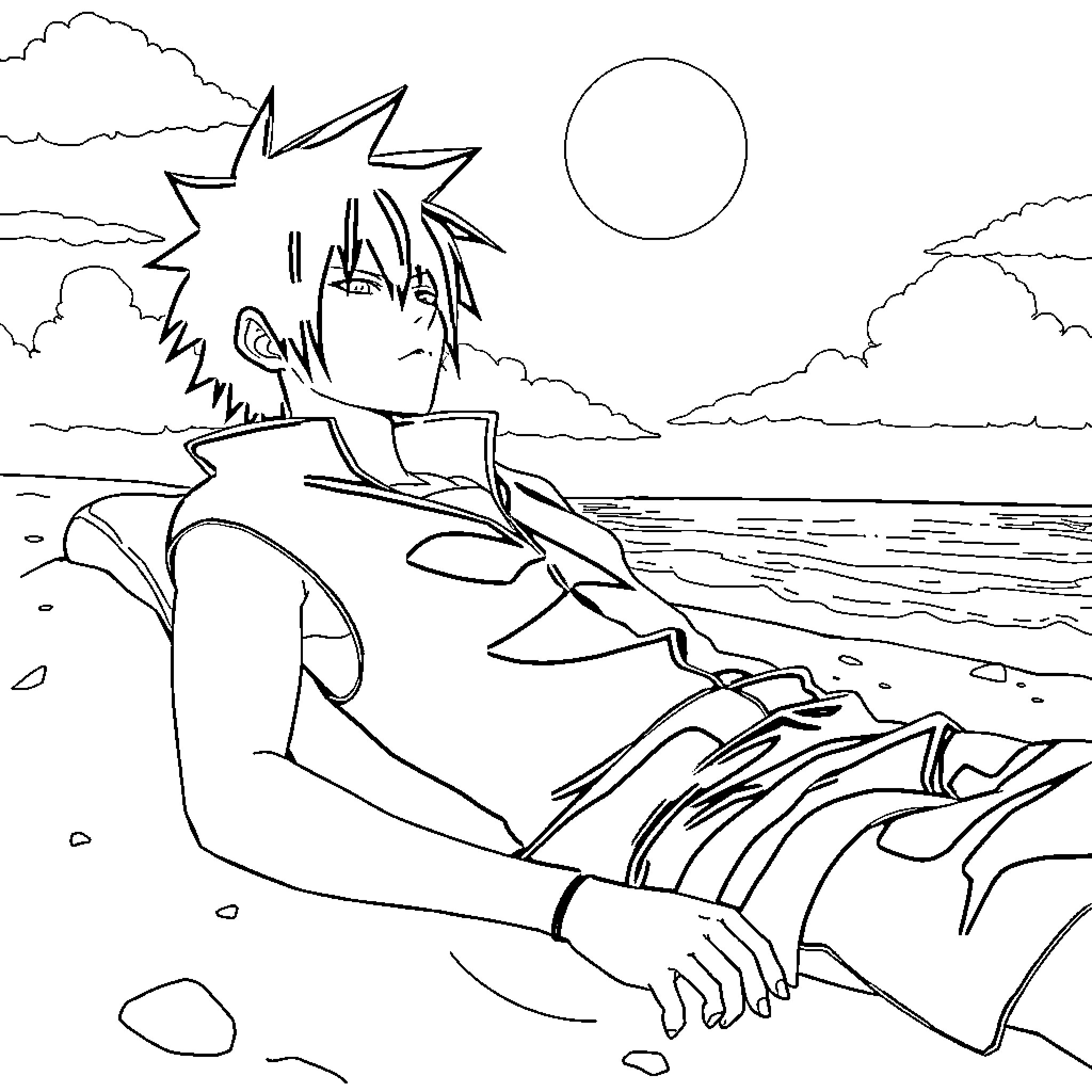 Sasuke Uchiha resting on a beach under the sun Coloring Page (free black-and-white line drawing printable PDF for all, from beginners to advanced learners, including children, teens, adults, and seniors)