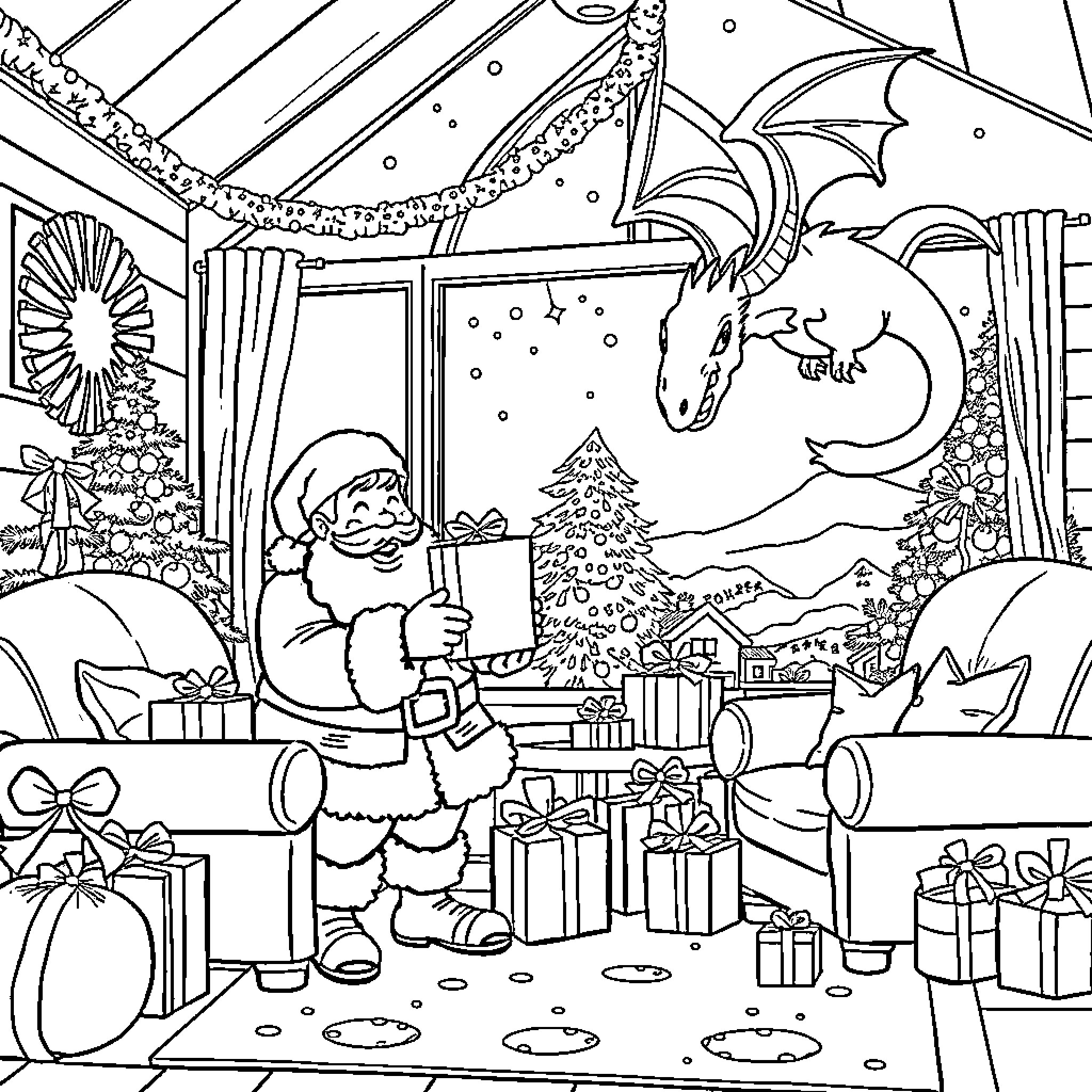 Père Noël spreading holiday cheer with dragon companion Coloring Page (free black-and-white line drawing printable PDF for all, from beginners to advanced learners, including children, teens, adults, and seniors)
