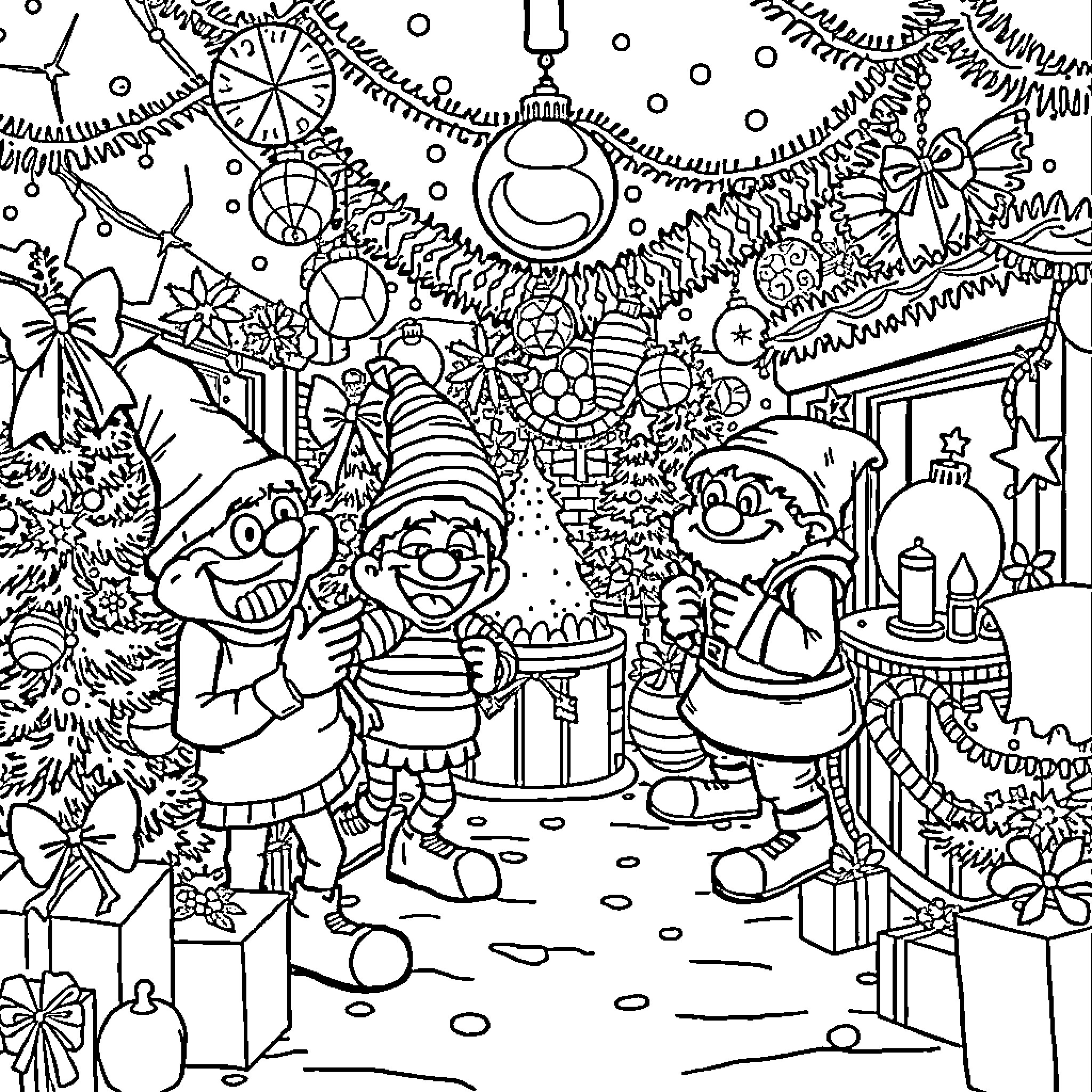 Twiztid Gnomes Celebrating the Holiday Season Coloring Page (free black-and-white line drawing printable PDF for all, from beginners to advanced learners, including children, teens, adults, and seniors)