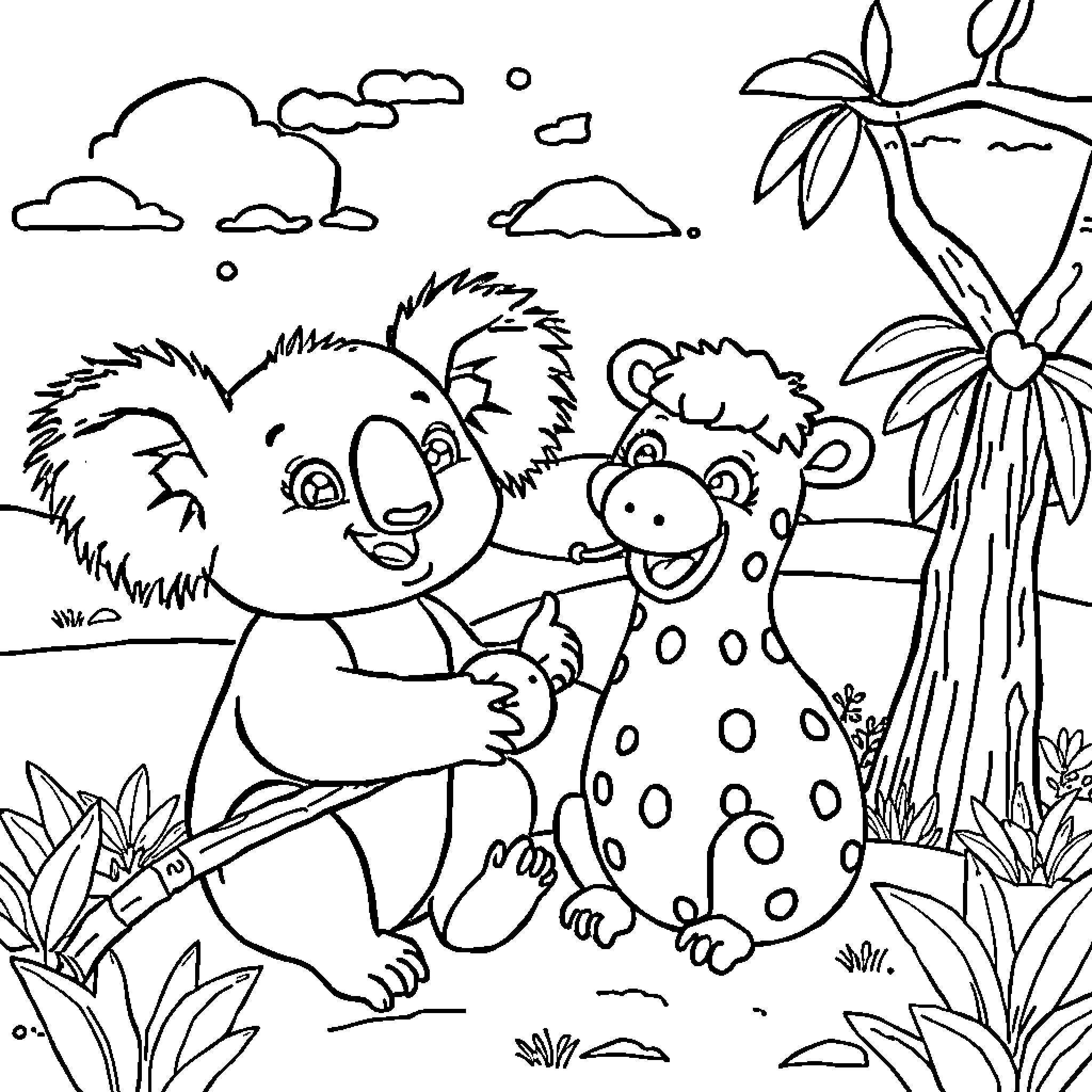 Koalas playing happily in the tropical jungle Coloring Page (free black-and-white line drawing printable PDF for all, from beginners to advanced learners, including children, teens, adults, and seniors)