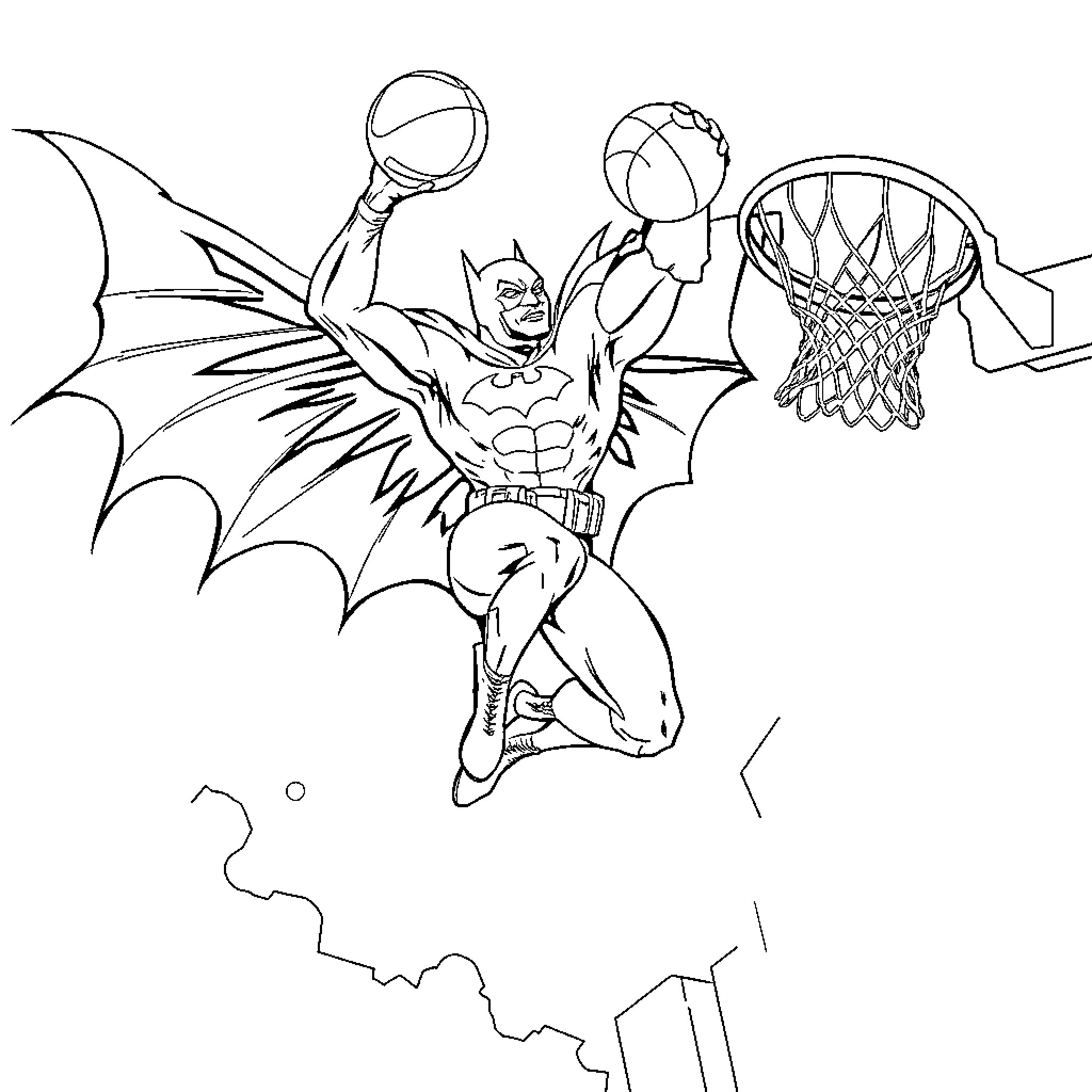 Batman Dunking Basketball Heroically in City Coloring Page (free black-and-white line drawing printable PDF for all, from beginners to advanced learners, including children, teens, adults, and seniors)