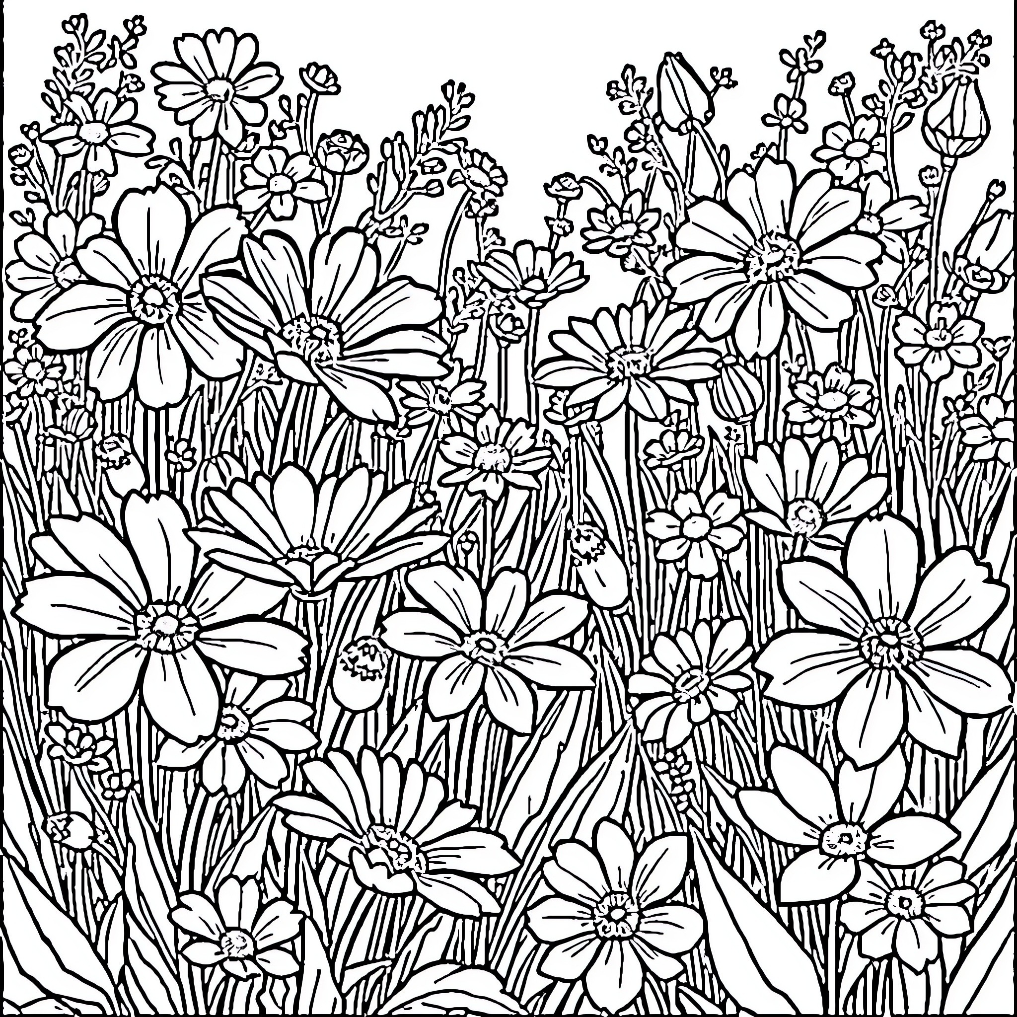 Flower garden filled with blooming flowers Coloring Page (free black-and-white line drawing printable PDF for all, from beginners to advanced learners, including children, teens, adults, and seniors)