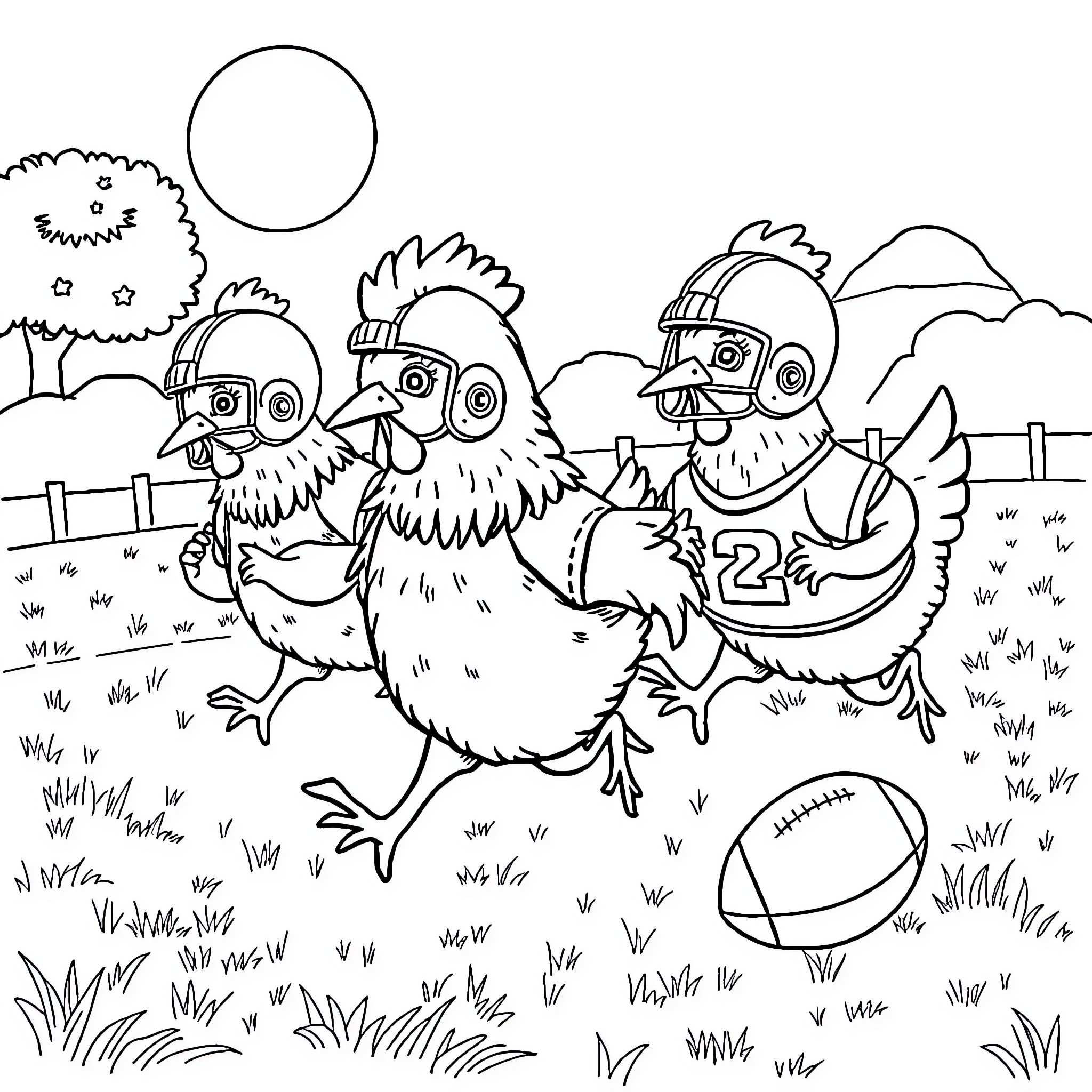 Chicken characters with sports equipment in a field Coloring Page (free black-and-white line drawing printable PDF for all, from beginners to advanced learners, including children, teens, adults, and seniors)