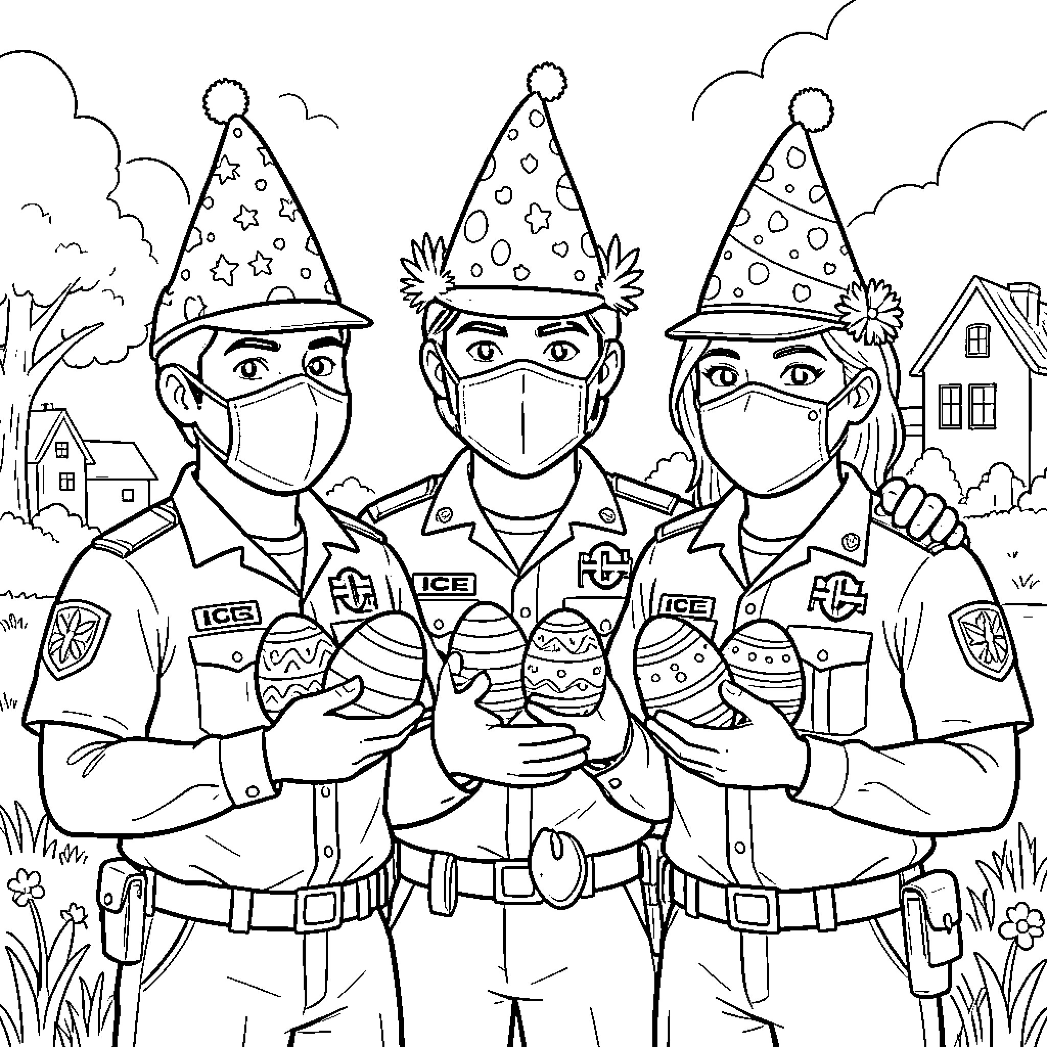 Ice Agents Celebrating Holiday in Uniform Coloring Page (free black-and-white line drawing printable PDF for all, from beginners to advanced learners, including children, teens, adults, and seniors)