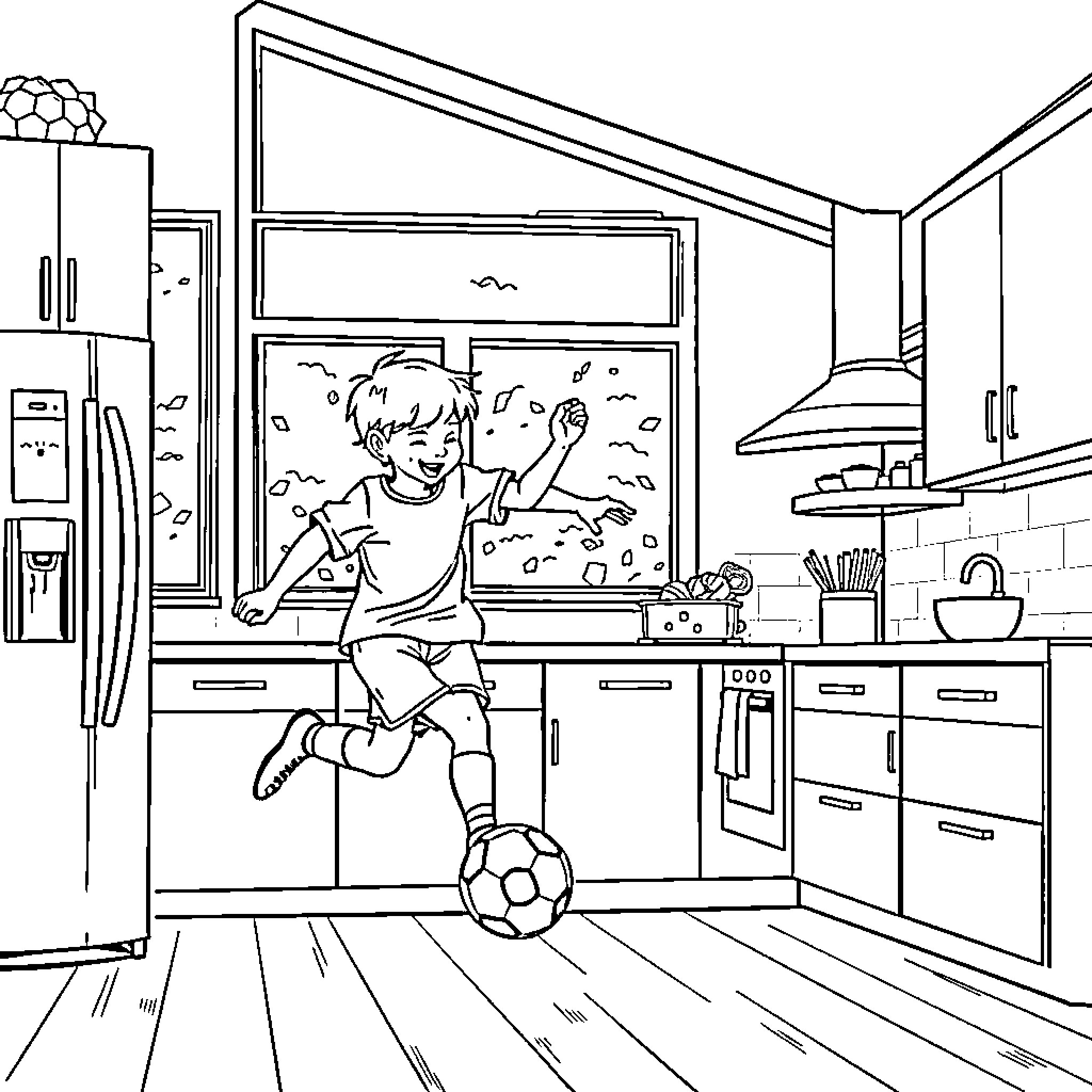 Kalle's indoor soccer adventure in the kitchen Coloring Page (free black-and-white line drawing printable PDF for all, from beginners to advanced learners, including children, teens, adults, and seniors)