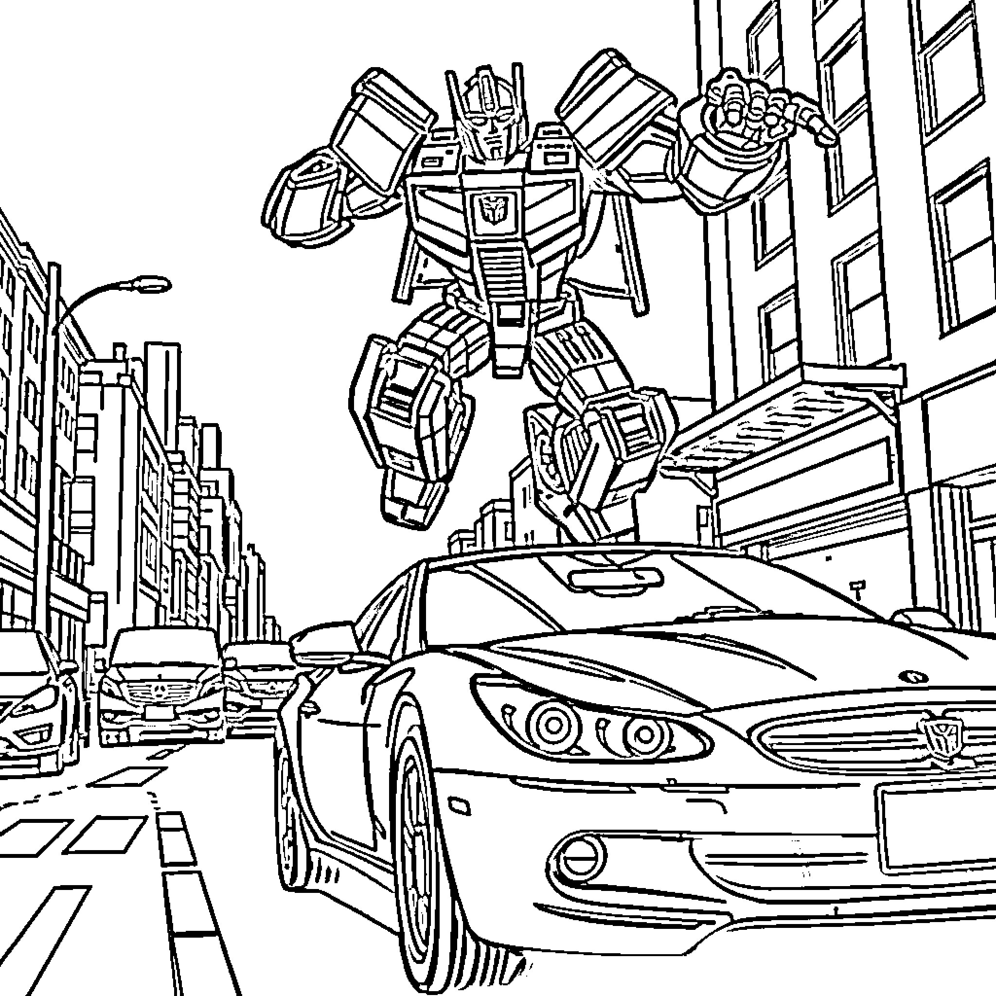 Transformer robot stands tall in city street Coloring Page (free black-and-white line drawing printable PDF for all, from beginners to advanced learners, including children, teens, adults, and seniors)
