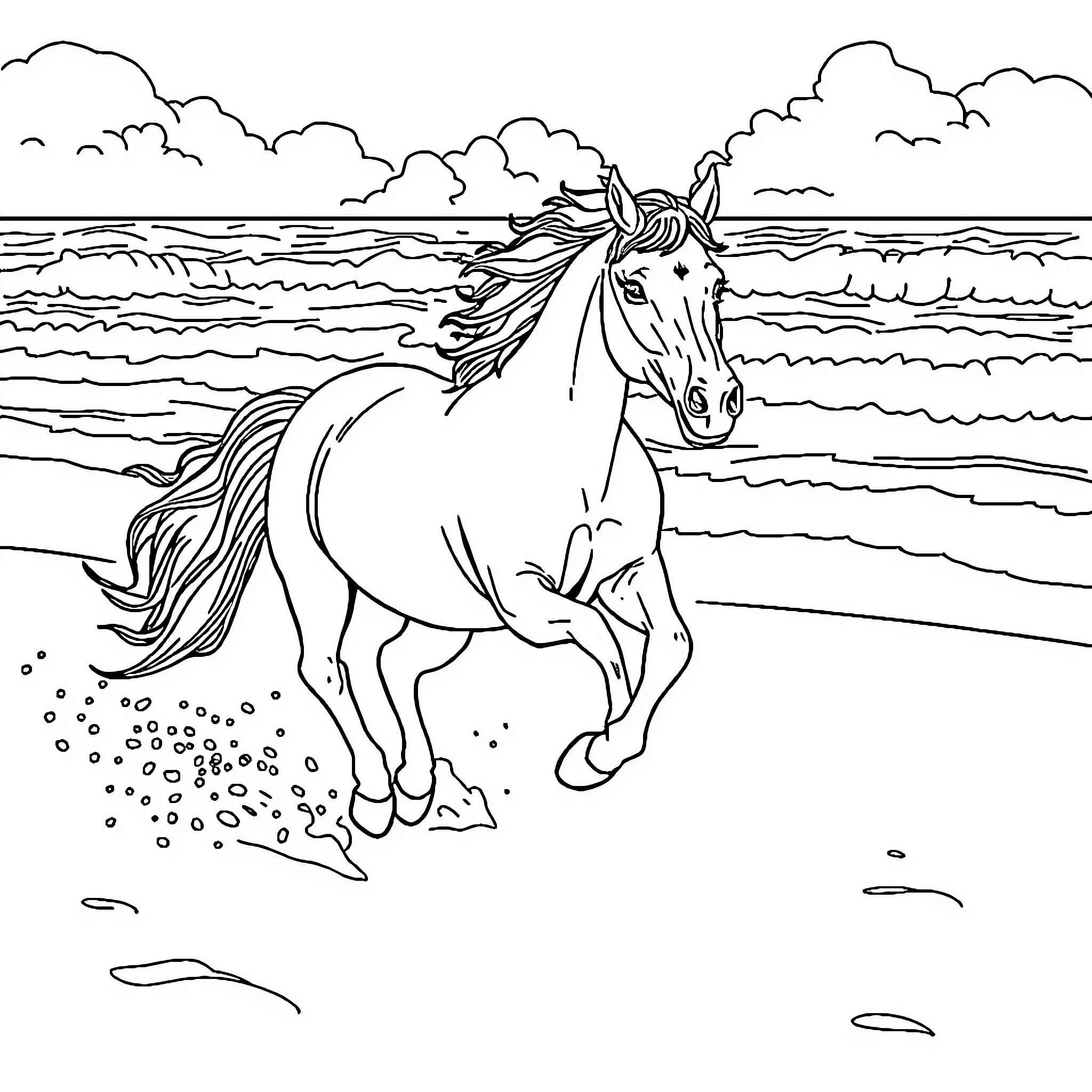 Horse galloping on the beach Coloring Page (free black-and-white line drawing printable PDF for all, from beginners to advanced learners, including children, teens, adults, and seniors)