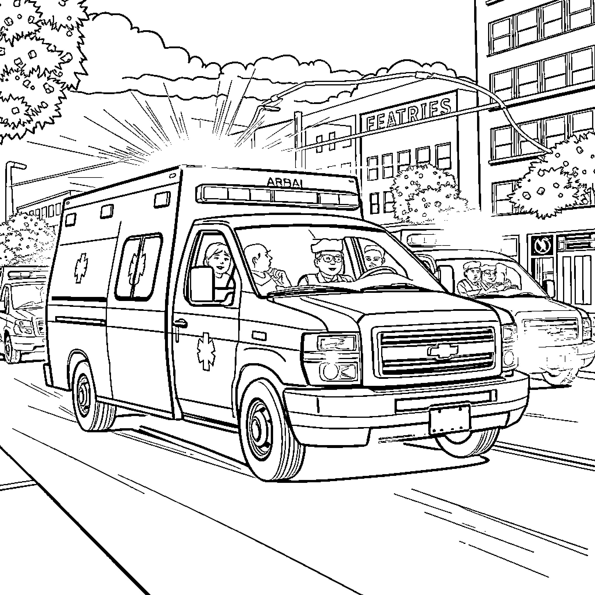 Ambulance rushing to an emergency scene Coloring Page (free black-and-white line drawing printable PDF for all, from beginners to advanced learners, including children, teens, adults, and seniors)