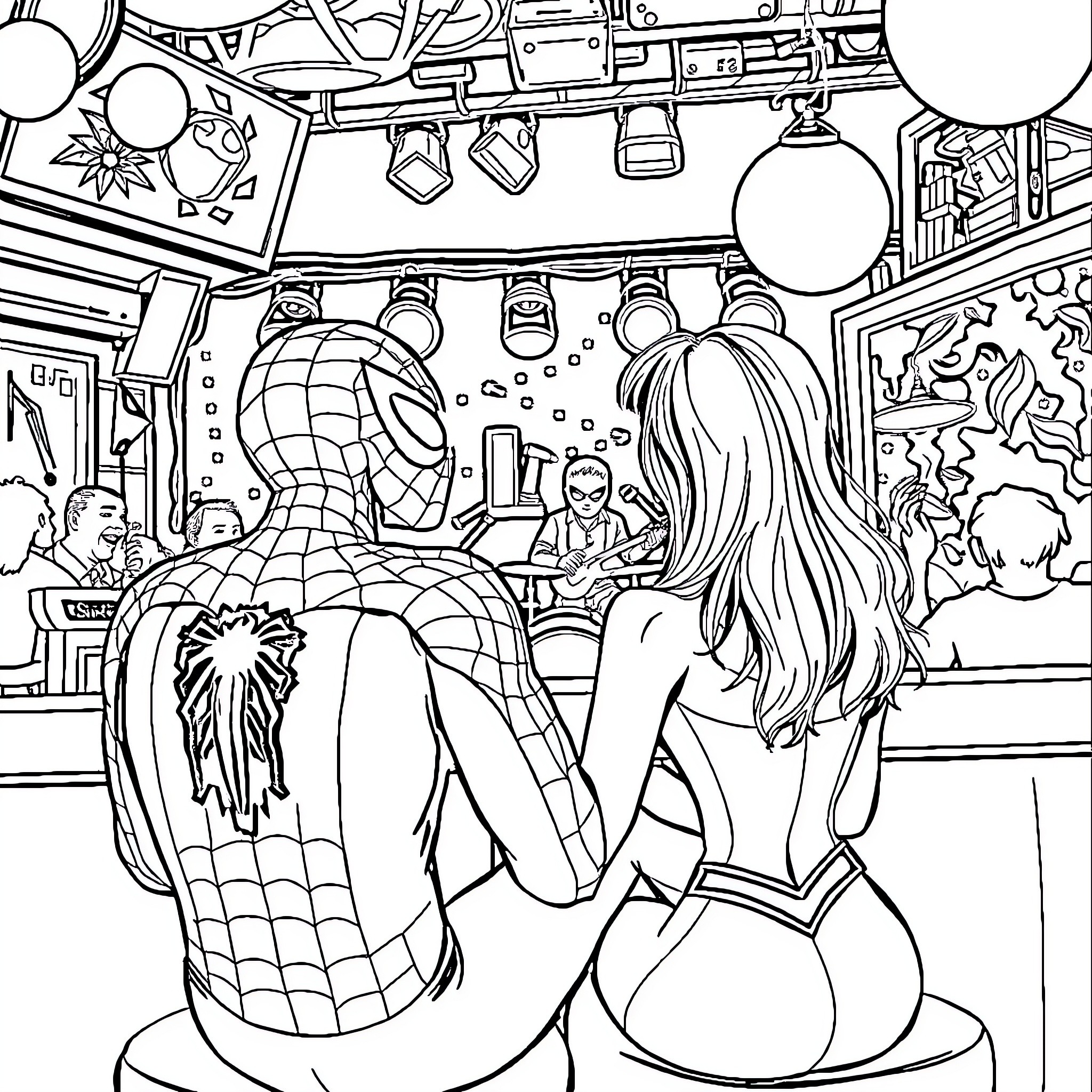 Spiderman spending time with a female companion Coloring Page (free black-and-white line drawing printable PDF for all, from beginners to advanced learners, including children, teens, adults, and seniors)