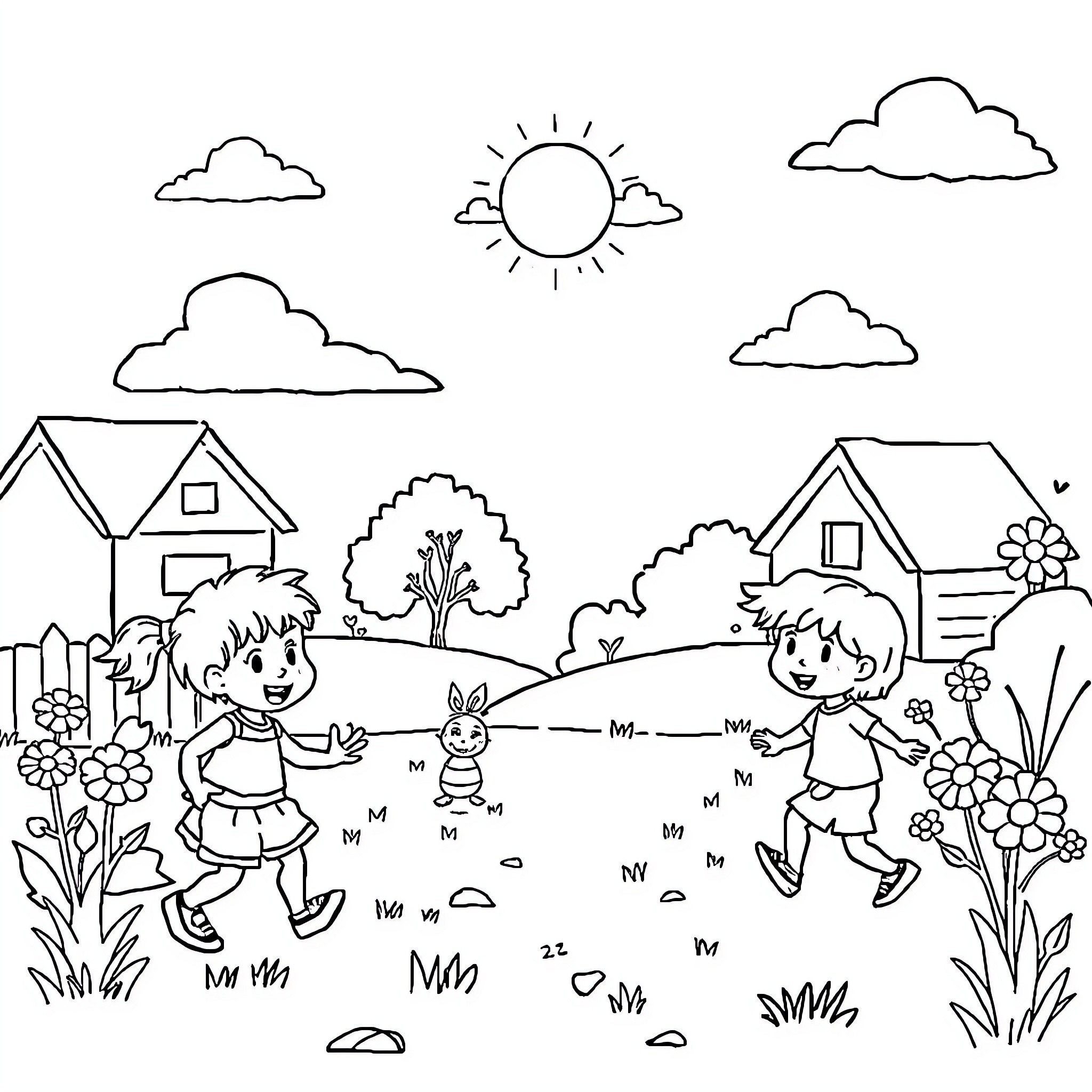 Kindergarten kids playing outdoors in the countryside Coloring Page (free black-and-white line drawing printable PDF for all, from beginners to advanced learners, including children, teens, adults, and seniors)