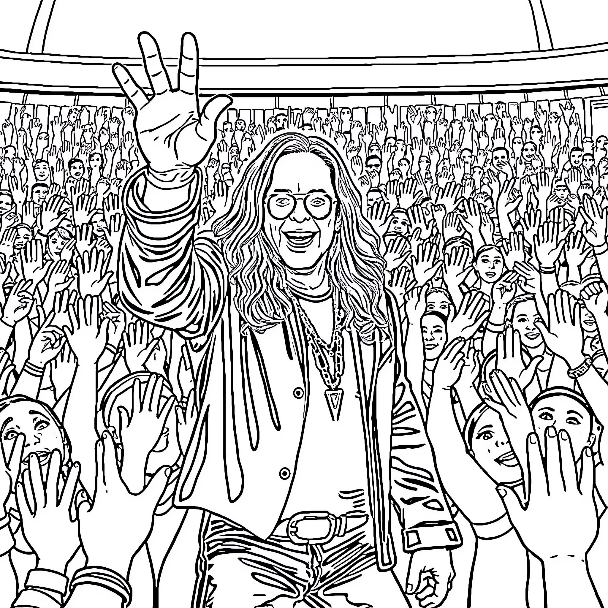 Ozzy Osbourne Performing Passionately Before a Cheering Crowd Coloring Page (free black-and-white line drawing printable PDF for all, from beginners to advanced learners, including children, teens, adults, and seniors)