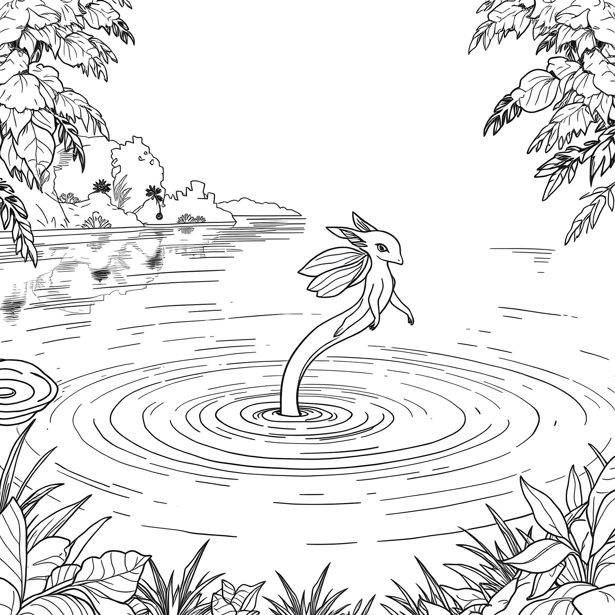 Mishipeshu emerging from the tranquil waters Coloring Page (free black-and-white line drawing printable PDF for all, from beginners to advanced learners, including children, teens, adults, and seniors)