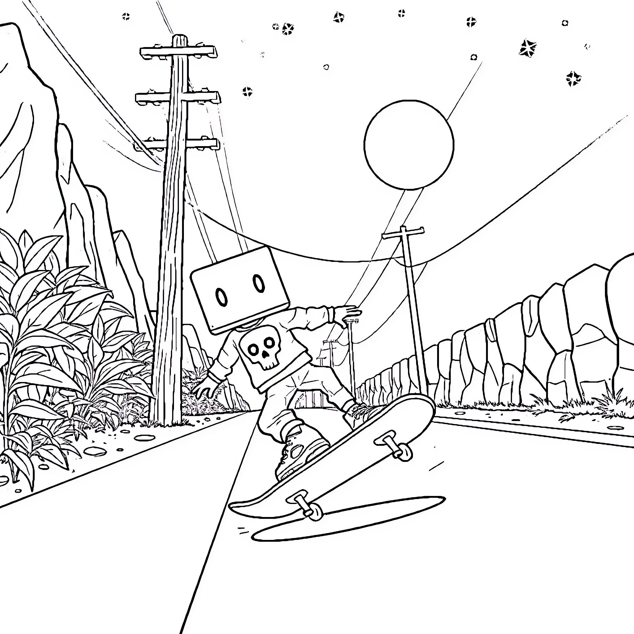 Box-Headed Character Skateboarding on Mountainous Landscape Coloring Page (free black-and-white line drawing printable PDF for all, from beginners to advanced learners, including children, teens, adults, and seniors)