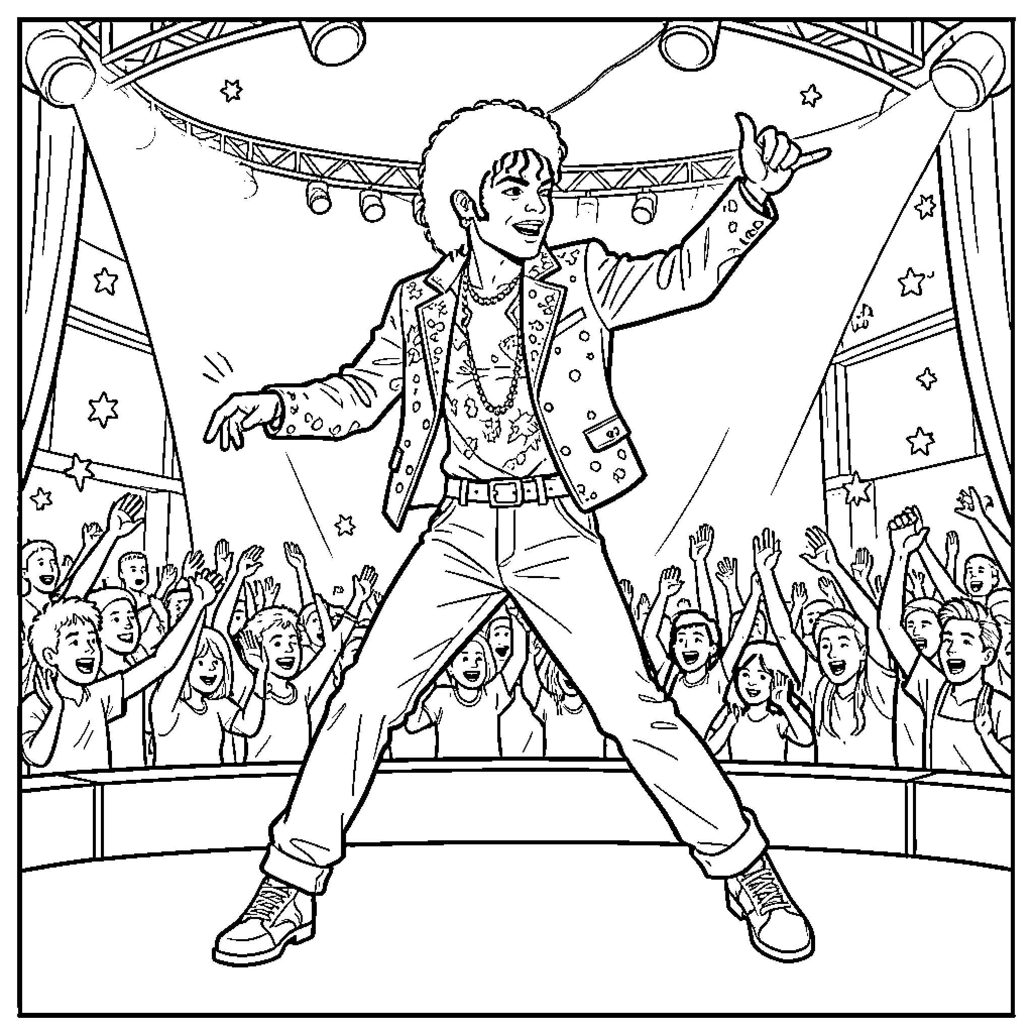 Michael Jackson performing energetically on stage before an audience Coloring Page (free black-and-white line drawing printable PDF for all, from beginners to advanced learners, including children, teens, adults, and seniors)