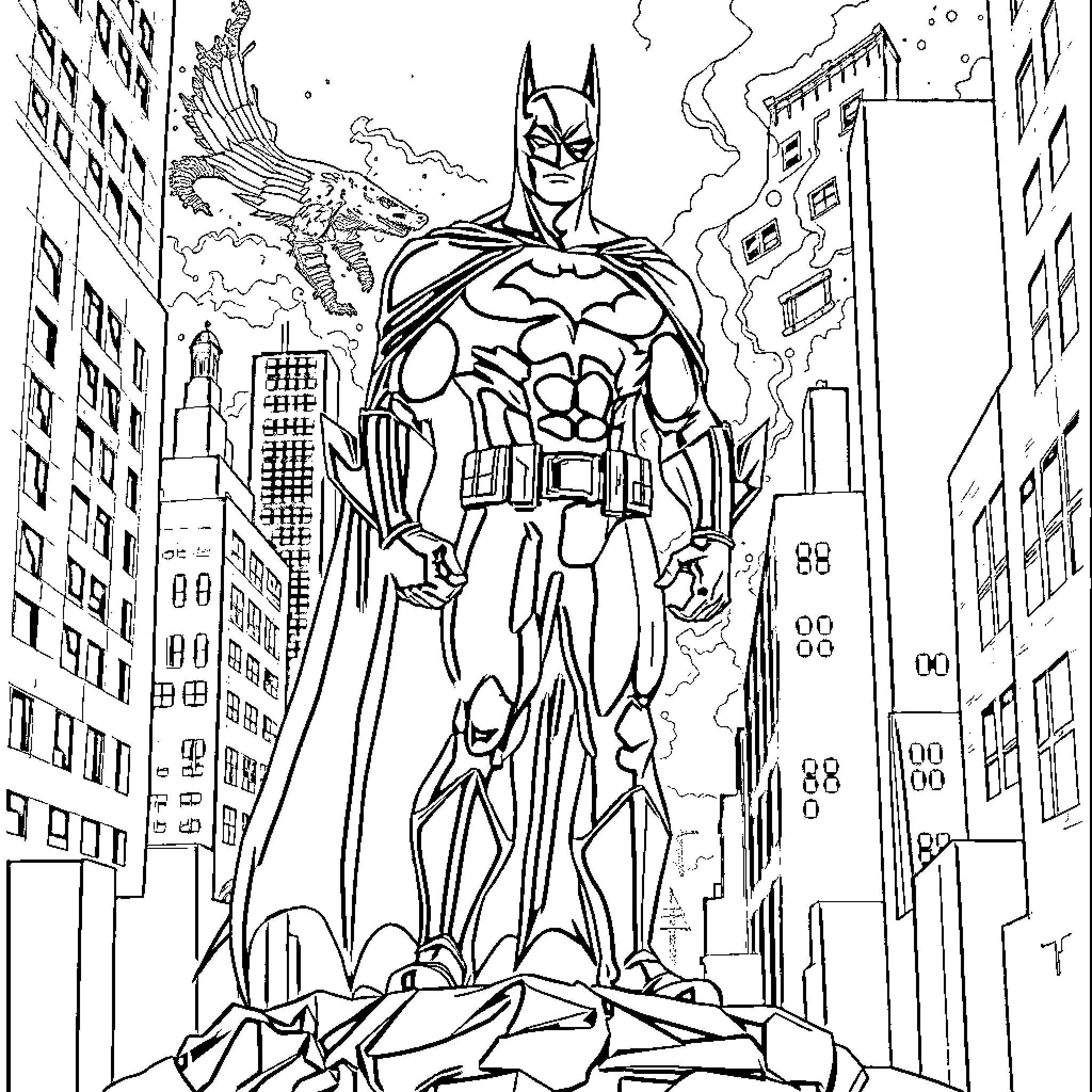 Batman Heroic Stance Amidst Gotham City Skyscrapers Coloring Page (free black-and-white line drawing printable PDF for all, from beginners to advanced learners, including children, teens, adults, and seniors)