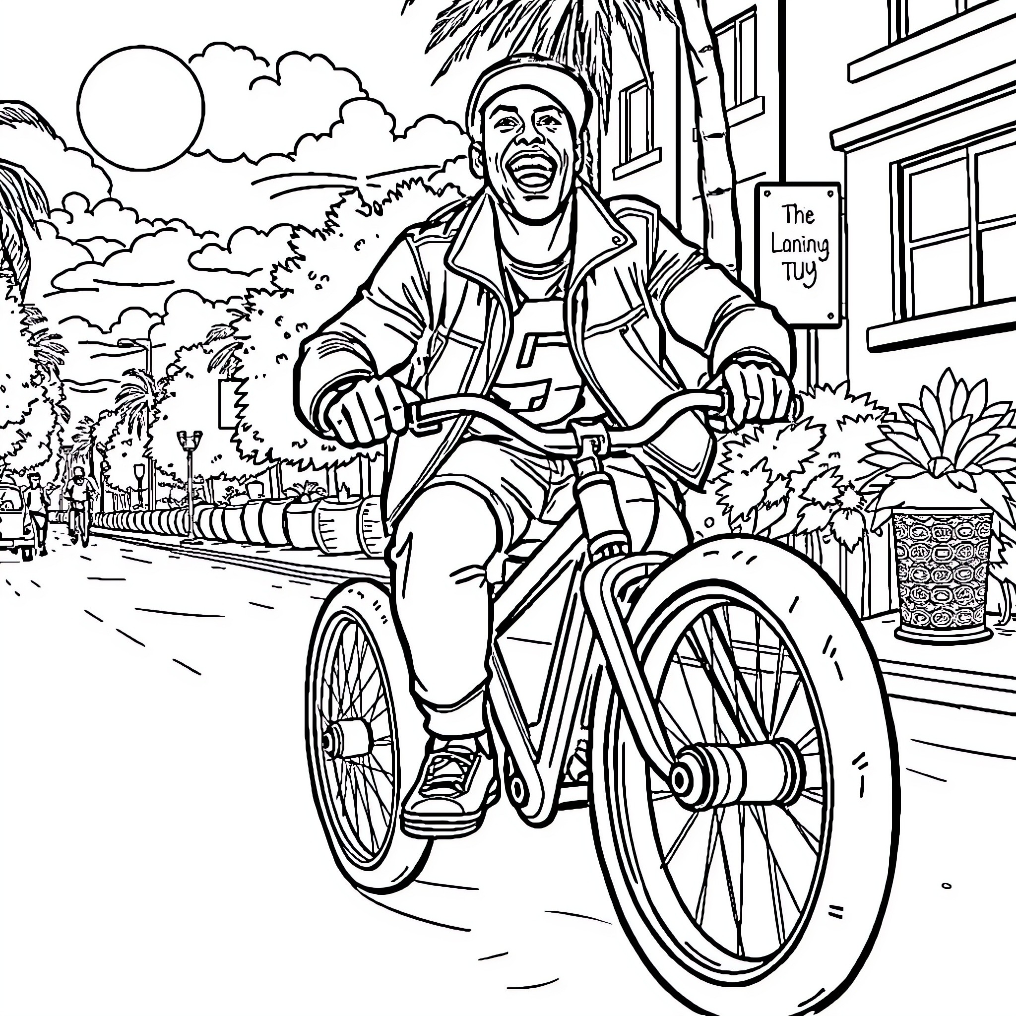 John Cena enjoying a bike ride on a sunny day Coloring Page (free black-and-white line drawing printable PDF for all, from beginners to advanced learners, including children, teens, adults, and seniors)