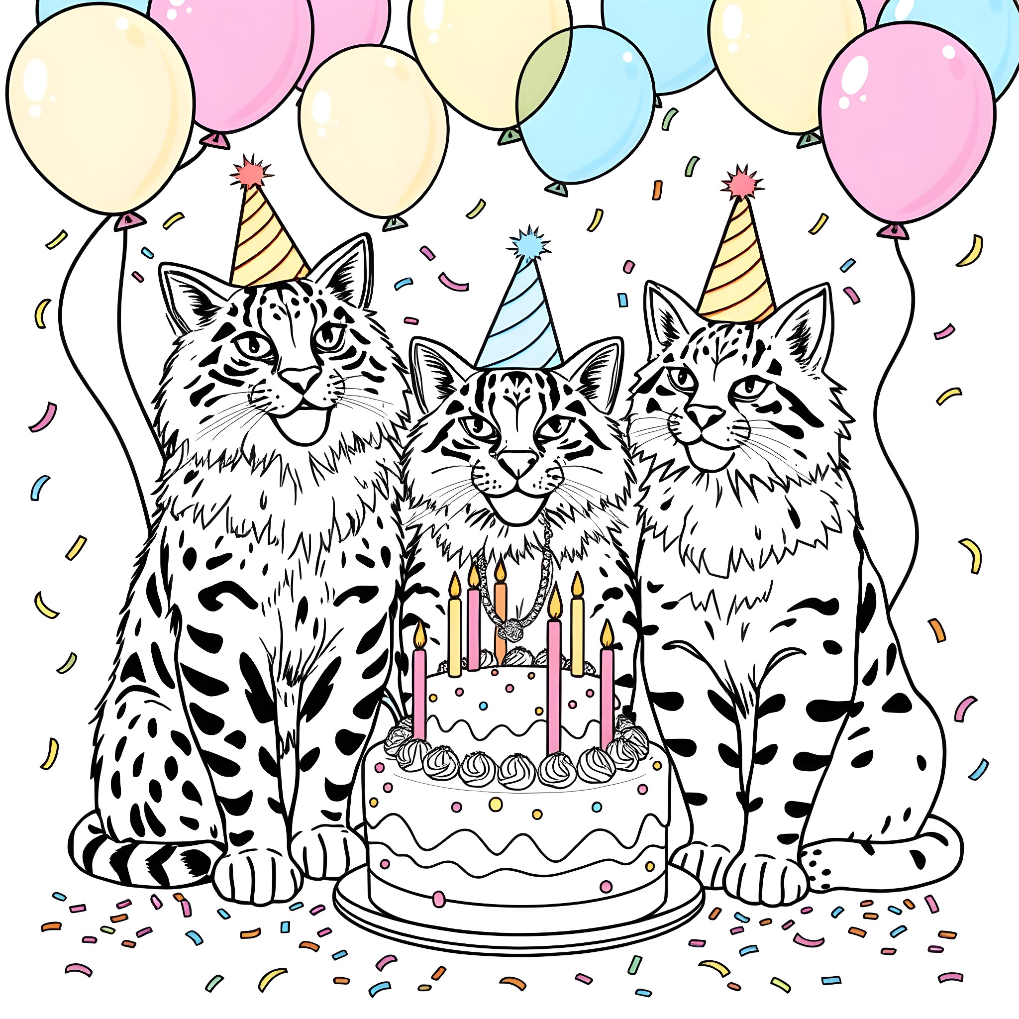 Big Cats Celebrating with Birthday Cake and Balloons Coloring Page (free black-and-white line drawing printable PDF for all, from beginners to advanced learners, including children, teens, adults, and seniors)