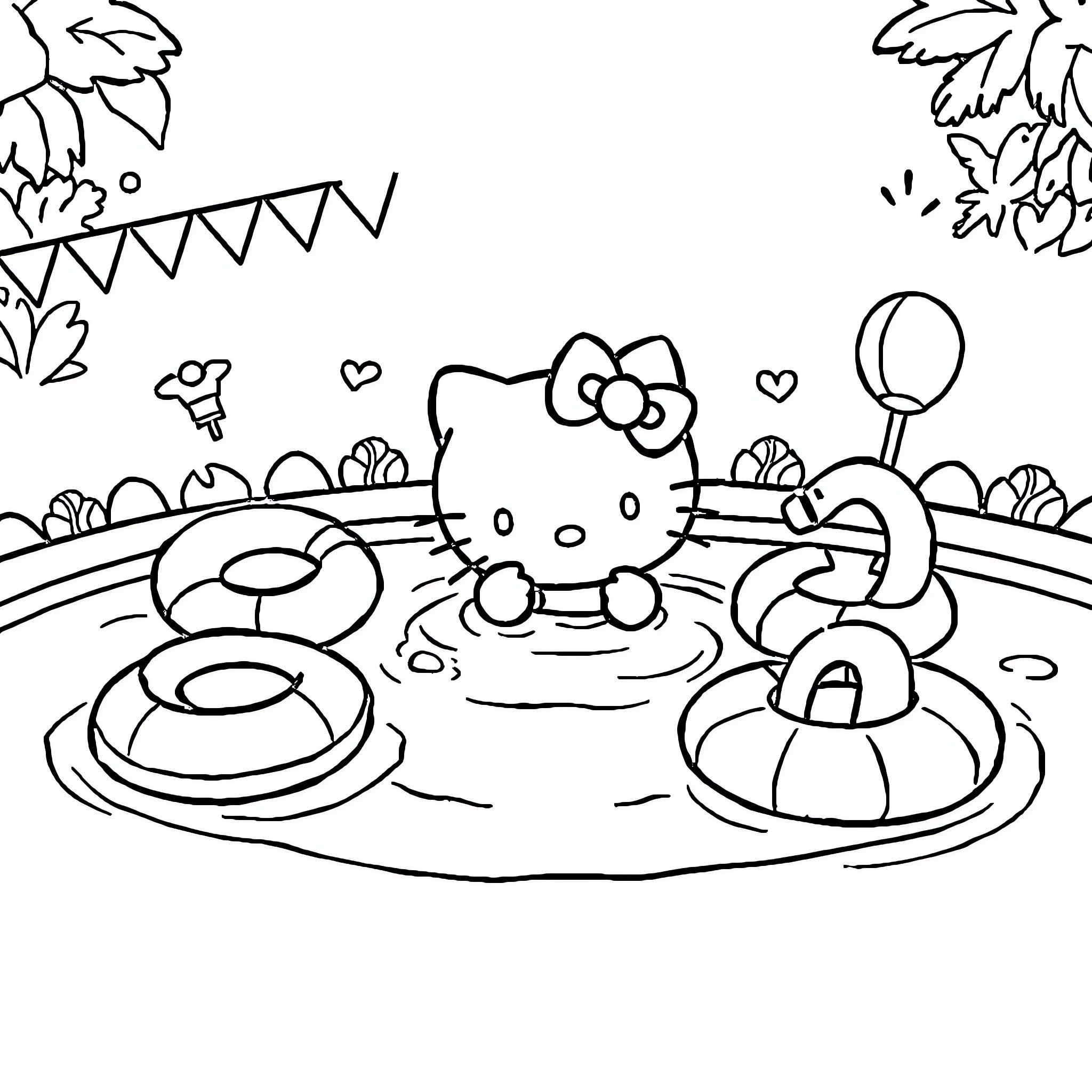 Hello Kitty enjoying pool party with friends Coloring Page (free black-and-white line drawing printable PDF for all, from beginners to advanced learners, including children, teens, adults, and seniors)