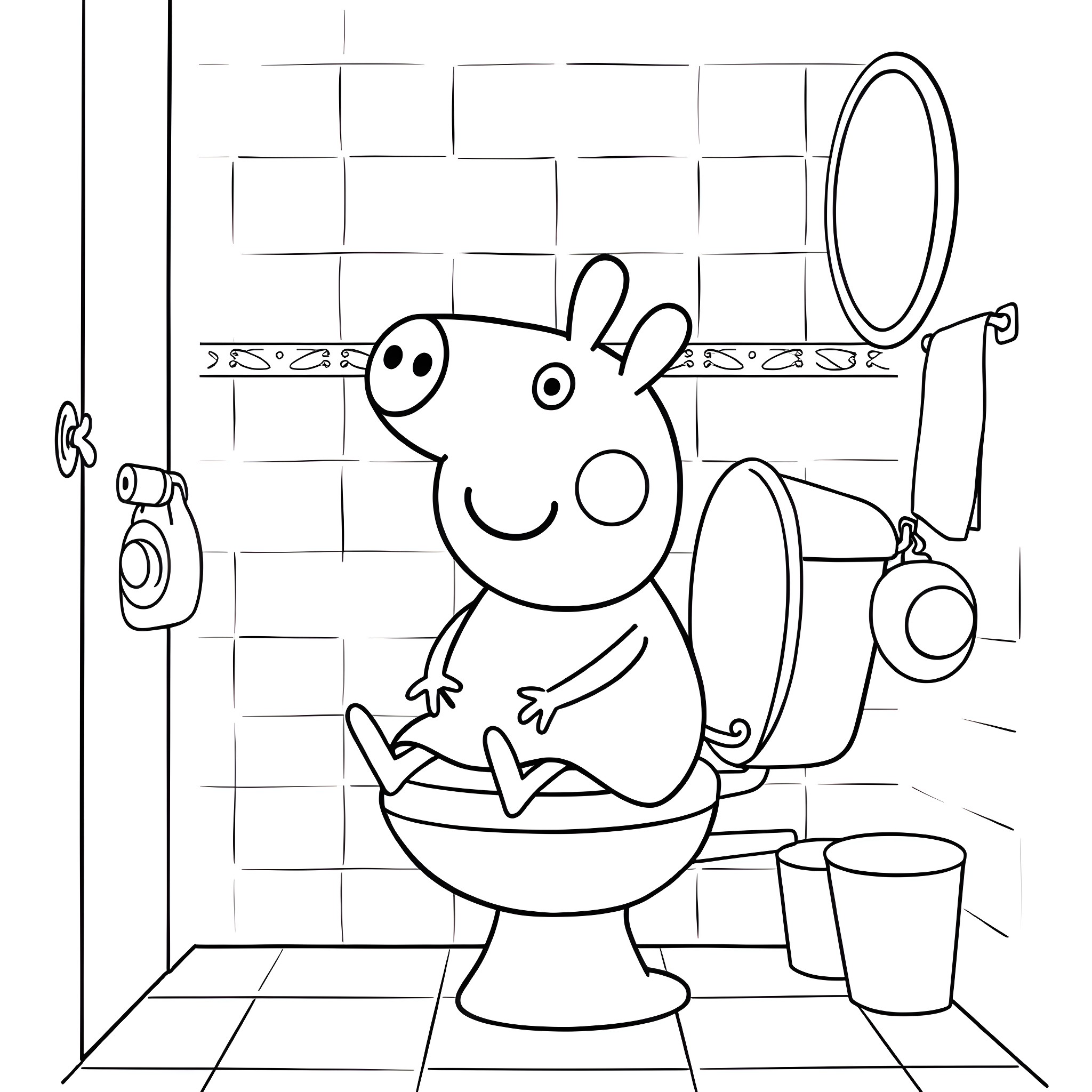 Peppa Pig using the bathroom Coloring Page (free black-and-white line drawing printable PDF for all, from beginners to advanced learners, including children, teens, adults, and seniors)
