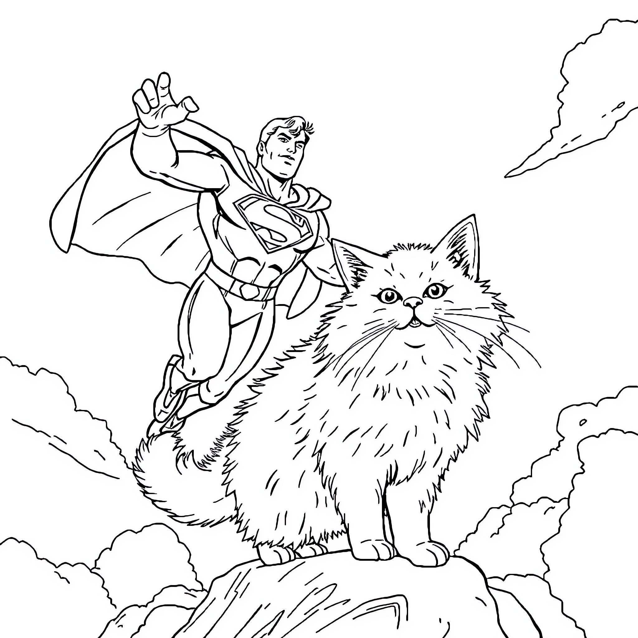 Superman rescuing fluffy cat in heroic pose Coloring Page (free black-and-white line drawing printable PDF for all, from beginners to advanced learners, including children, teens, adults, and seniors)