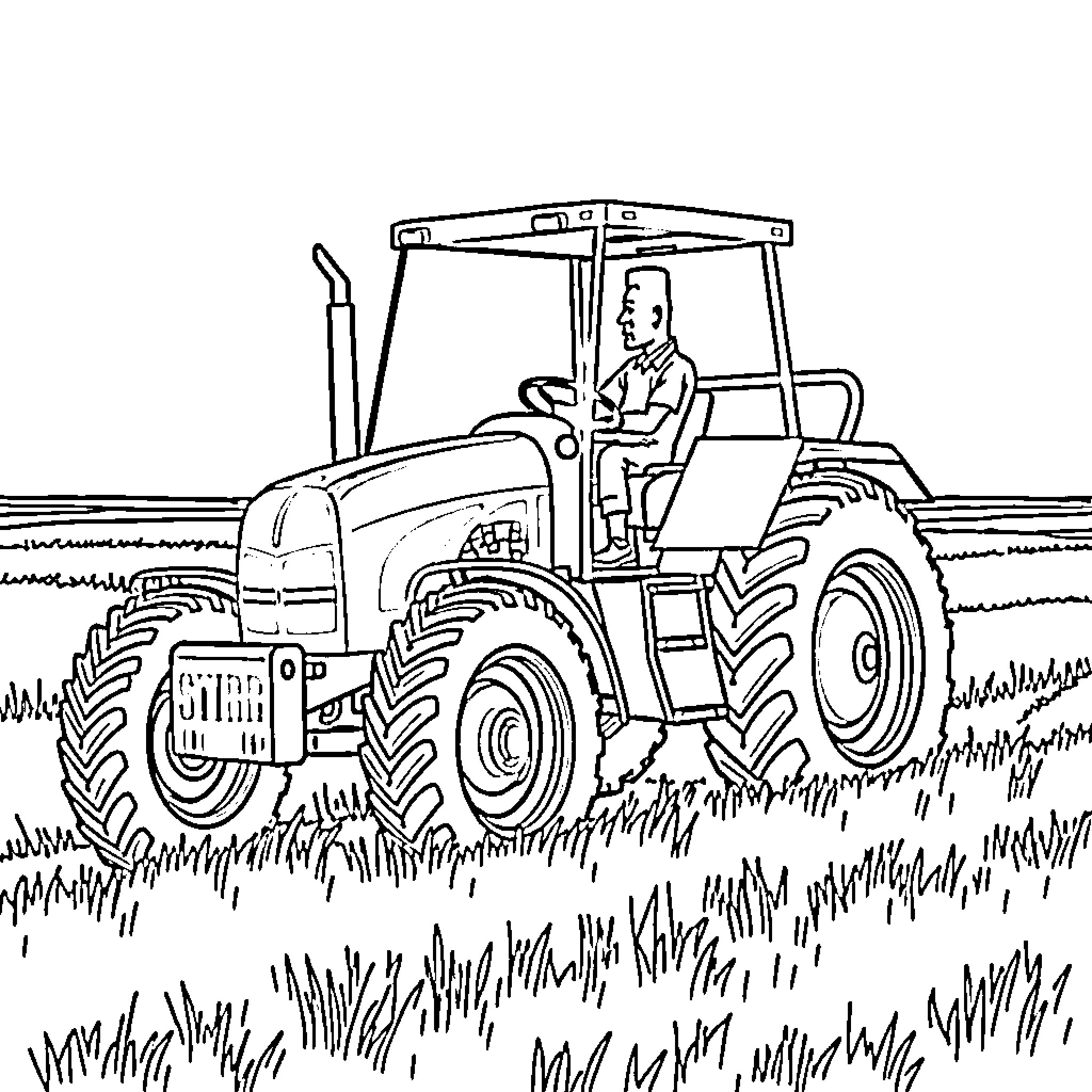 Tractor driver plowing a field Coloring Page (free black-and-white line drawing printable PDF for all, from beginners to advanced learners, including children, teens, adults, and seniors)