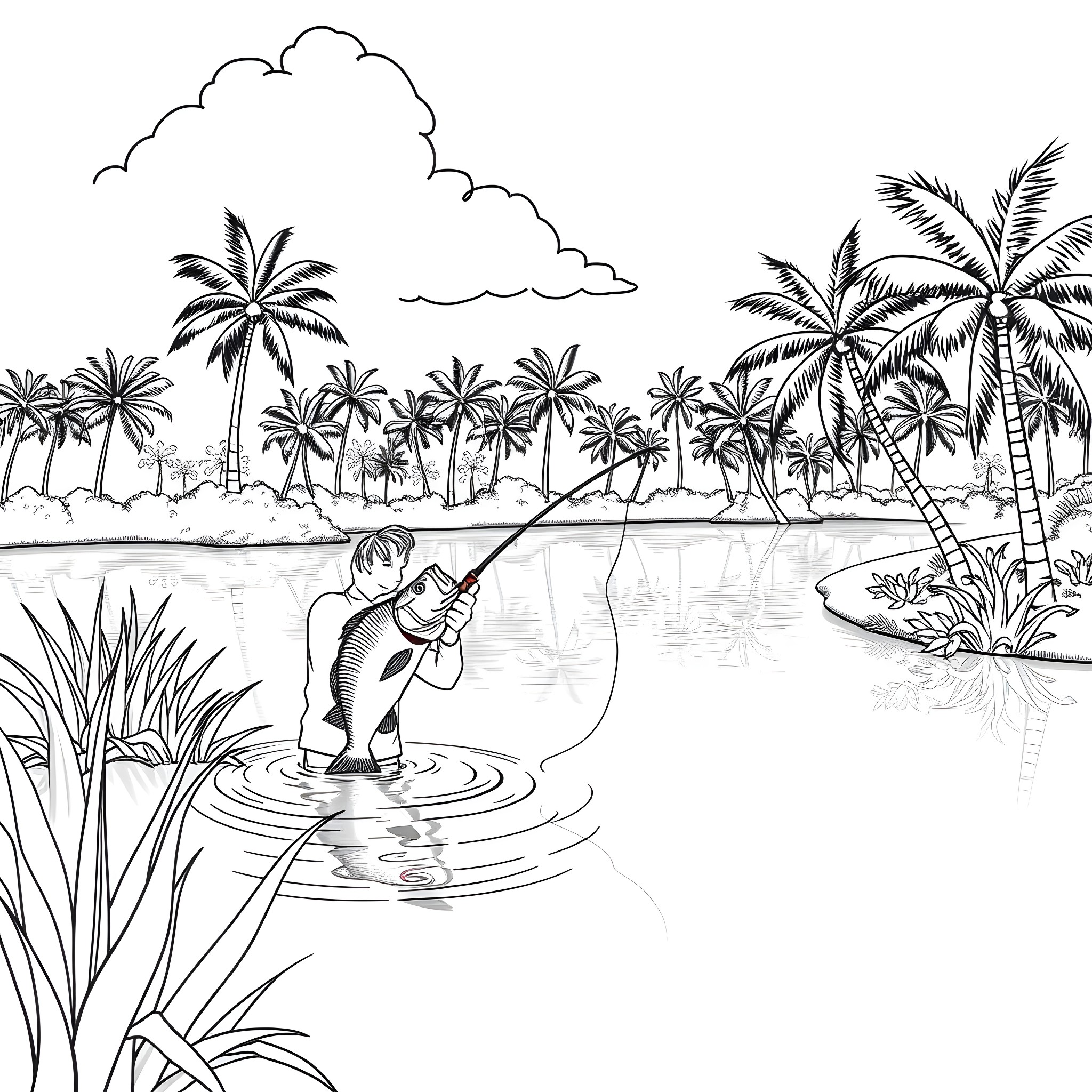 Bass fishing in the tropical paradise Coloring Page (free black-and-white line drawing printable PDF for all, from beginners to advanced learners, including children, teens, adults, and seniors)