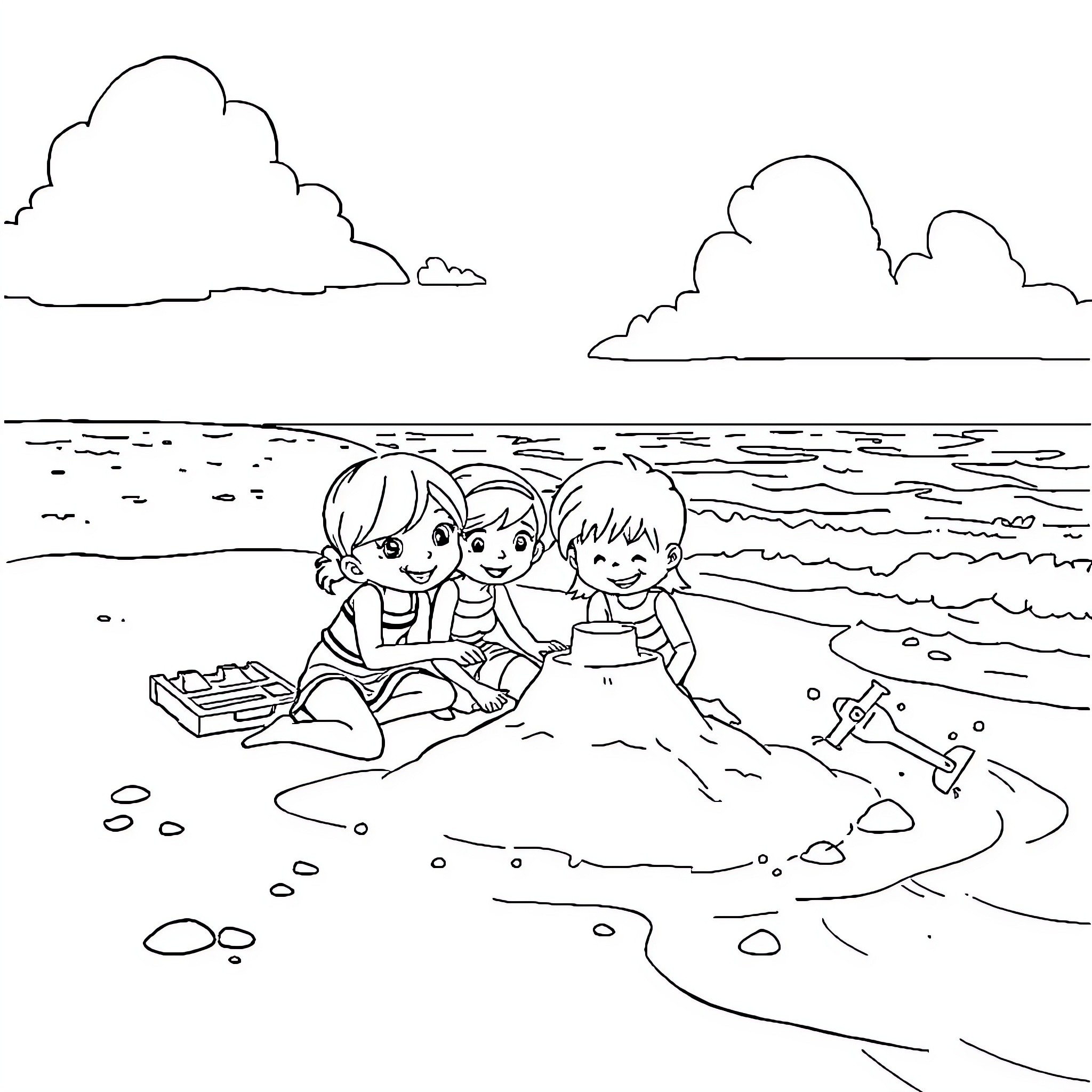 Bluey and friends enjoying a day at the beach Coloring Page (free black-and-white line drawing printable PDF for all, from beginners to advanced learners, including children, teens, adults, and seniors)