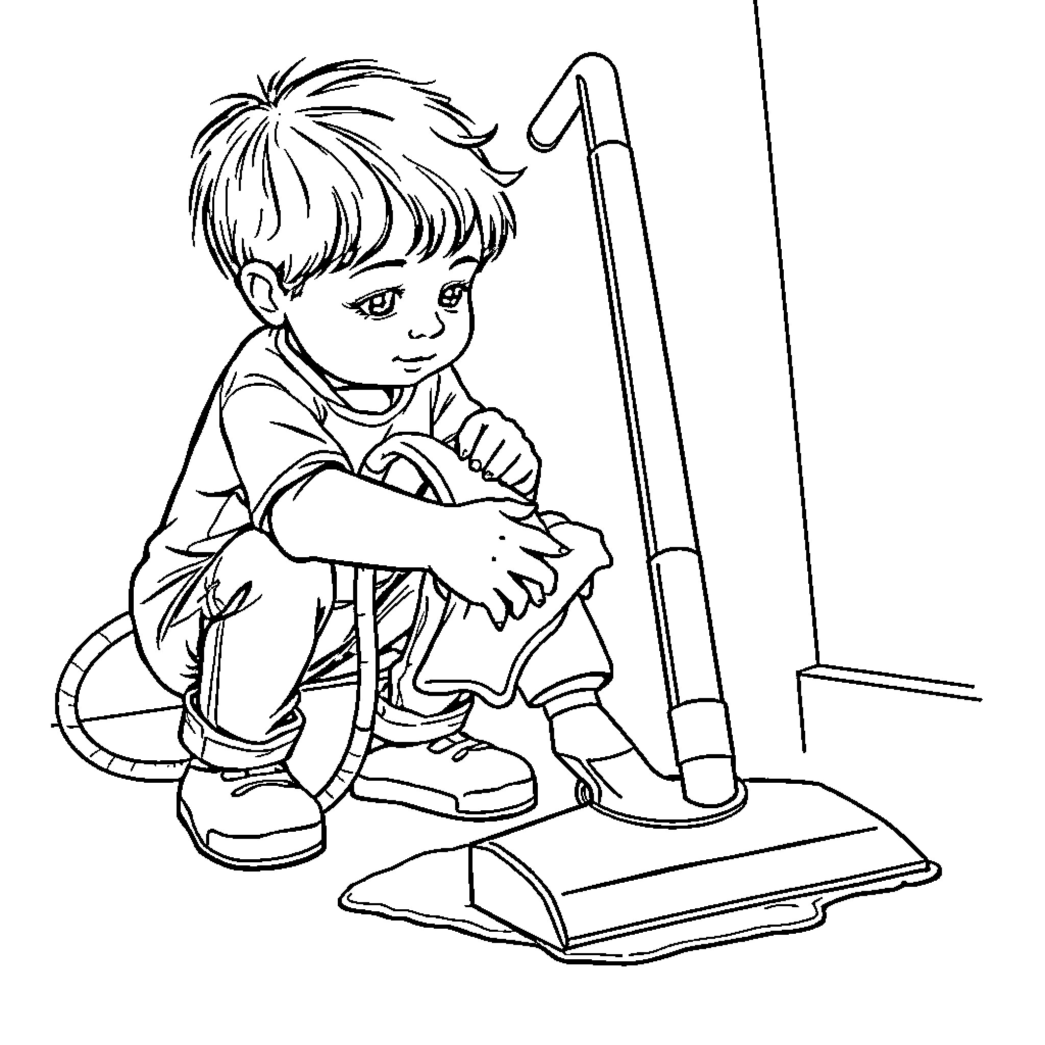 Child sitting with pencil and book Coloring Page (free black-and-white line drawing printable PDF for all, from beginners to advanced learners, including children, teens, adults, and seniors)