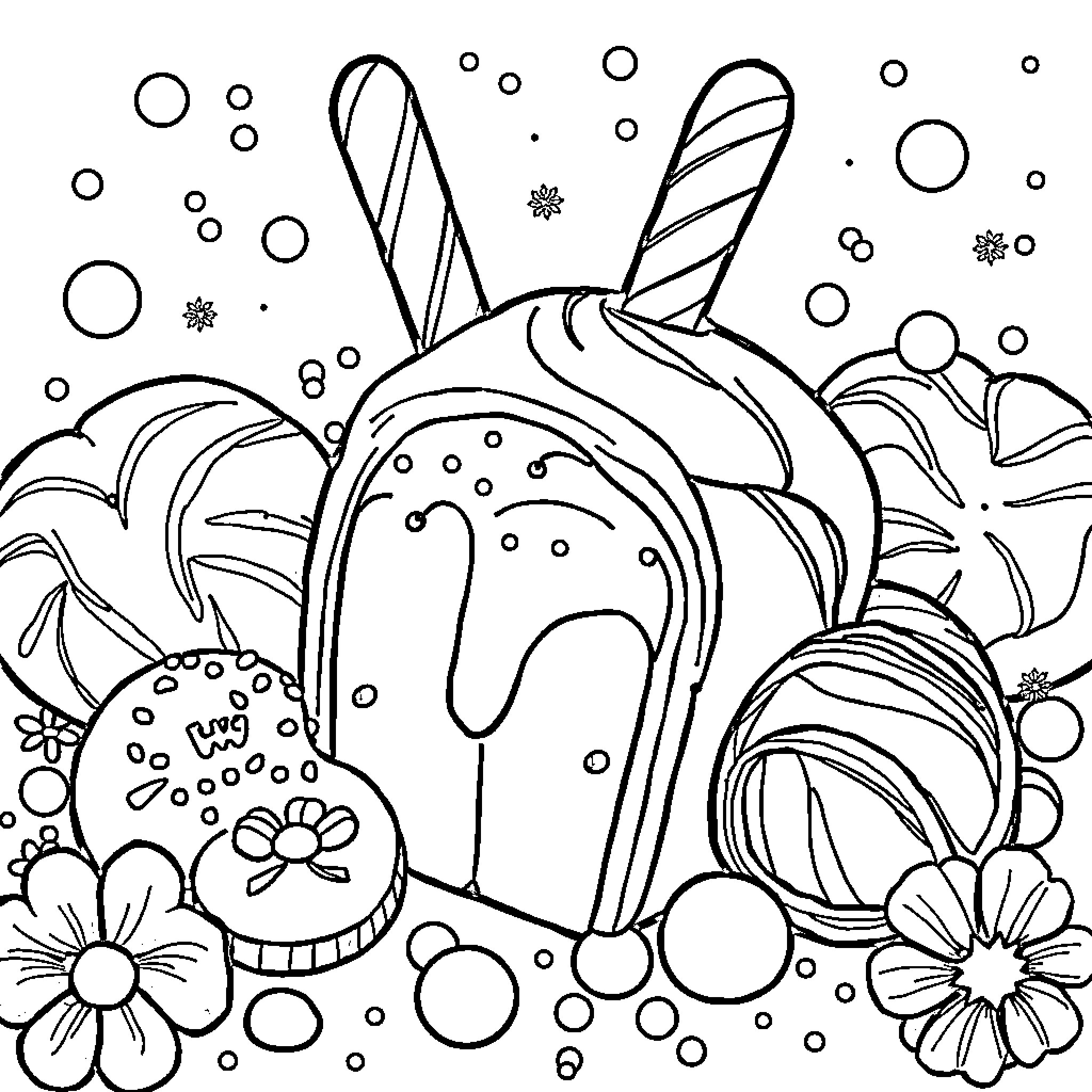 Candy landscape with whimsical shapes and flowers Coloring Page (free black-and-white line drawing printable PDF for all, from beginners to advanced learners, including children, teens, adults, and seniors)