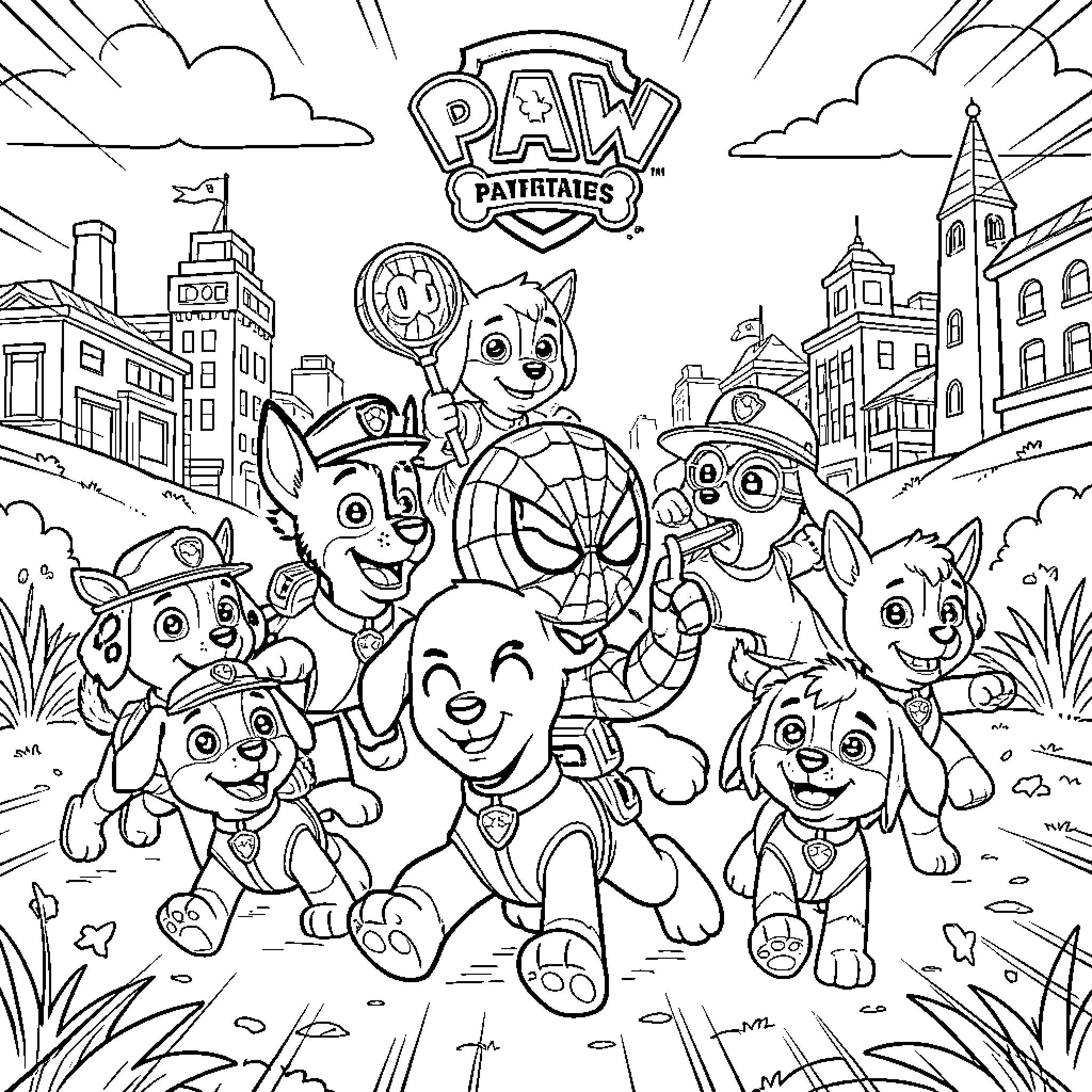 Paw Patrol characters celebrating together in a city scene Coloring Page (free black-and-white line drawing printable PDF for all, from beginners to advanced learners, including children, teens, adults, and seniors)