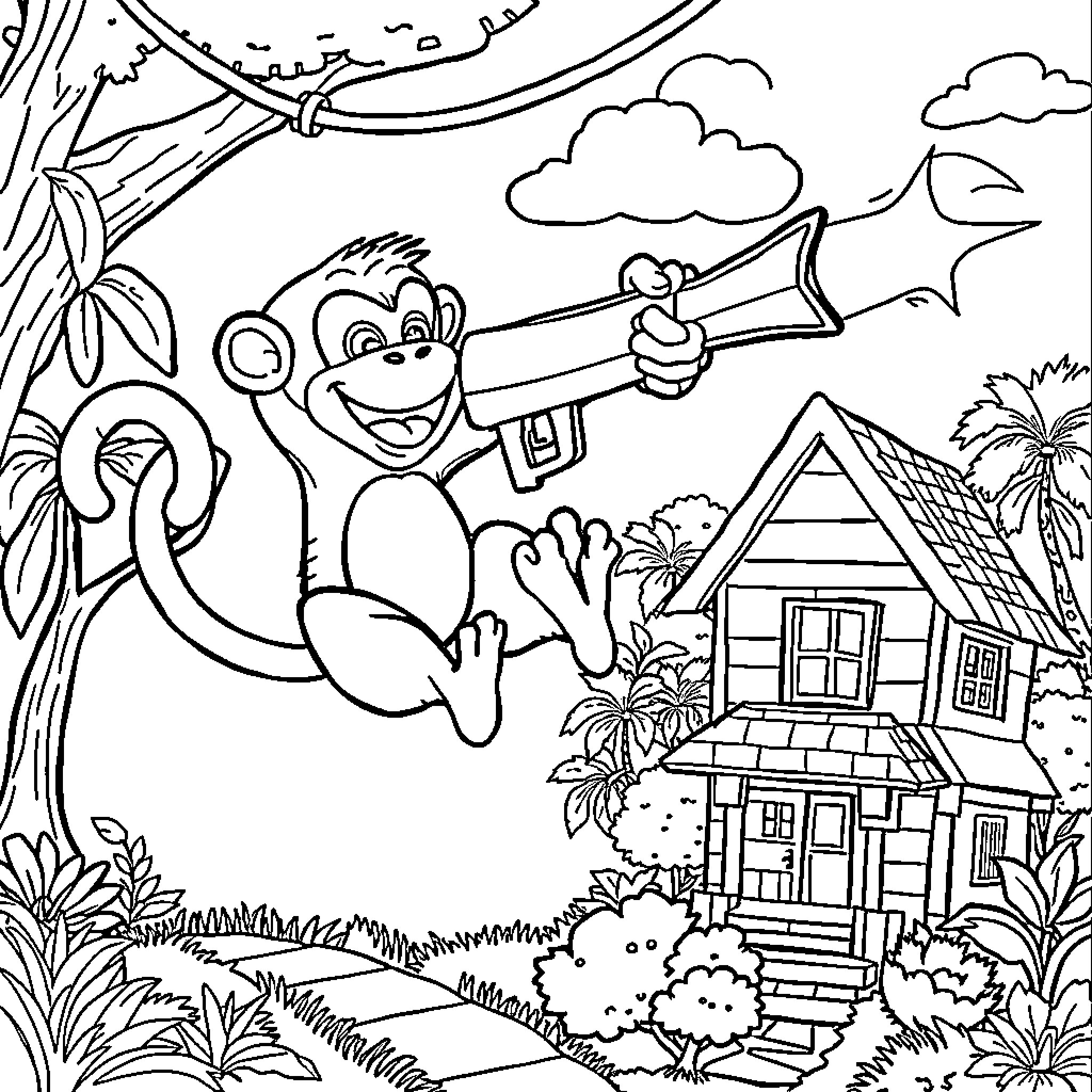 Monkey playing with a horn near a tropical house Coloring Page (free black-and-white line drawing printable PDF for all, from beginners to advanced learners, including children, teens, adults, and seniors)