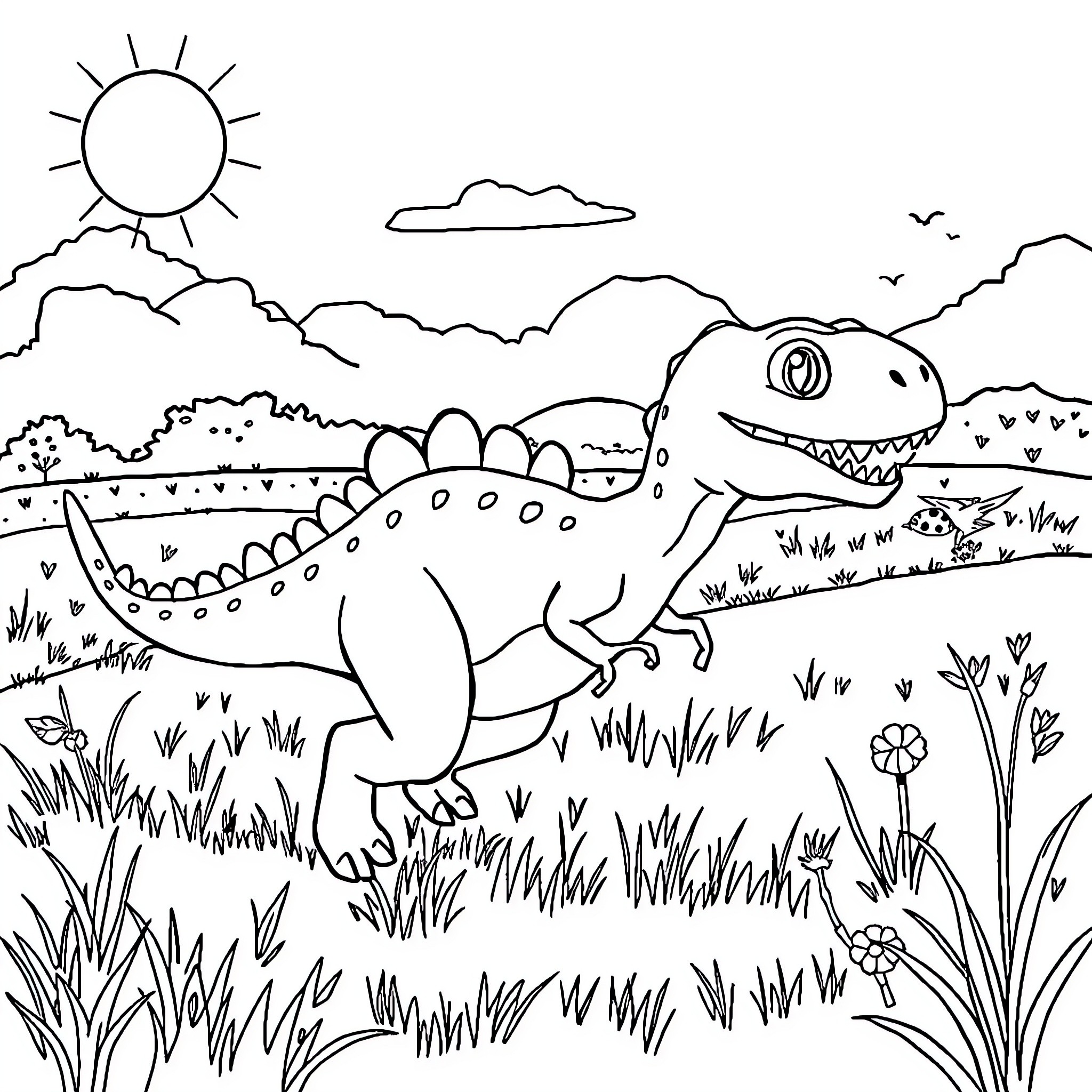Dinosaur Exploring the Lush Landscape Coloring Page (free black-and-white line drawing printable PDF for all, from beginners to advanced learners, including children, teens, adults, and seniors)
