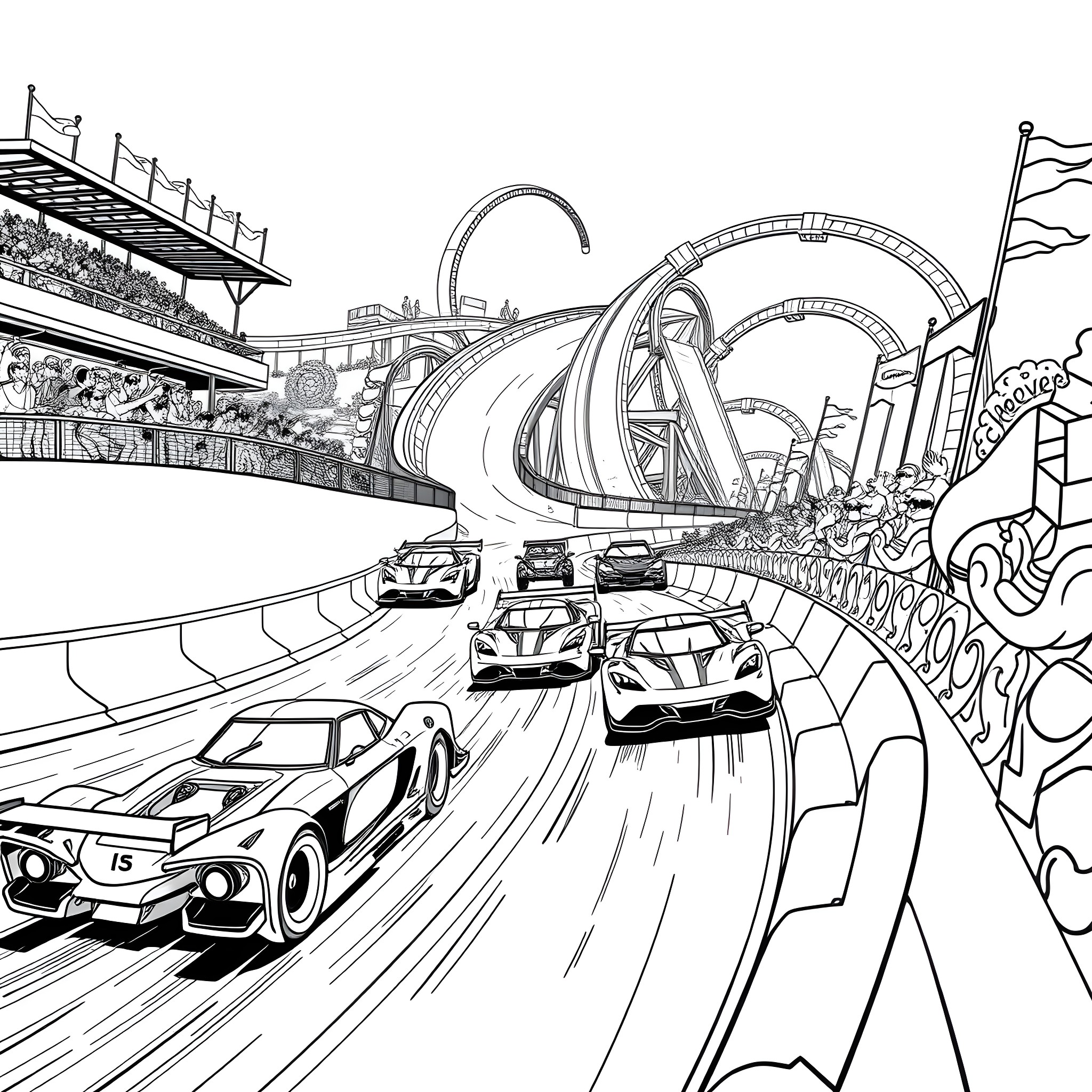 Car Racing in Amusement Park Coloring Page (free black-and-white line drawing printable PDF for all, from beginners to advanced learners, including children, teens, adults, and seniors)
