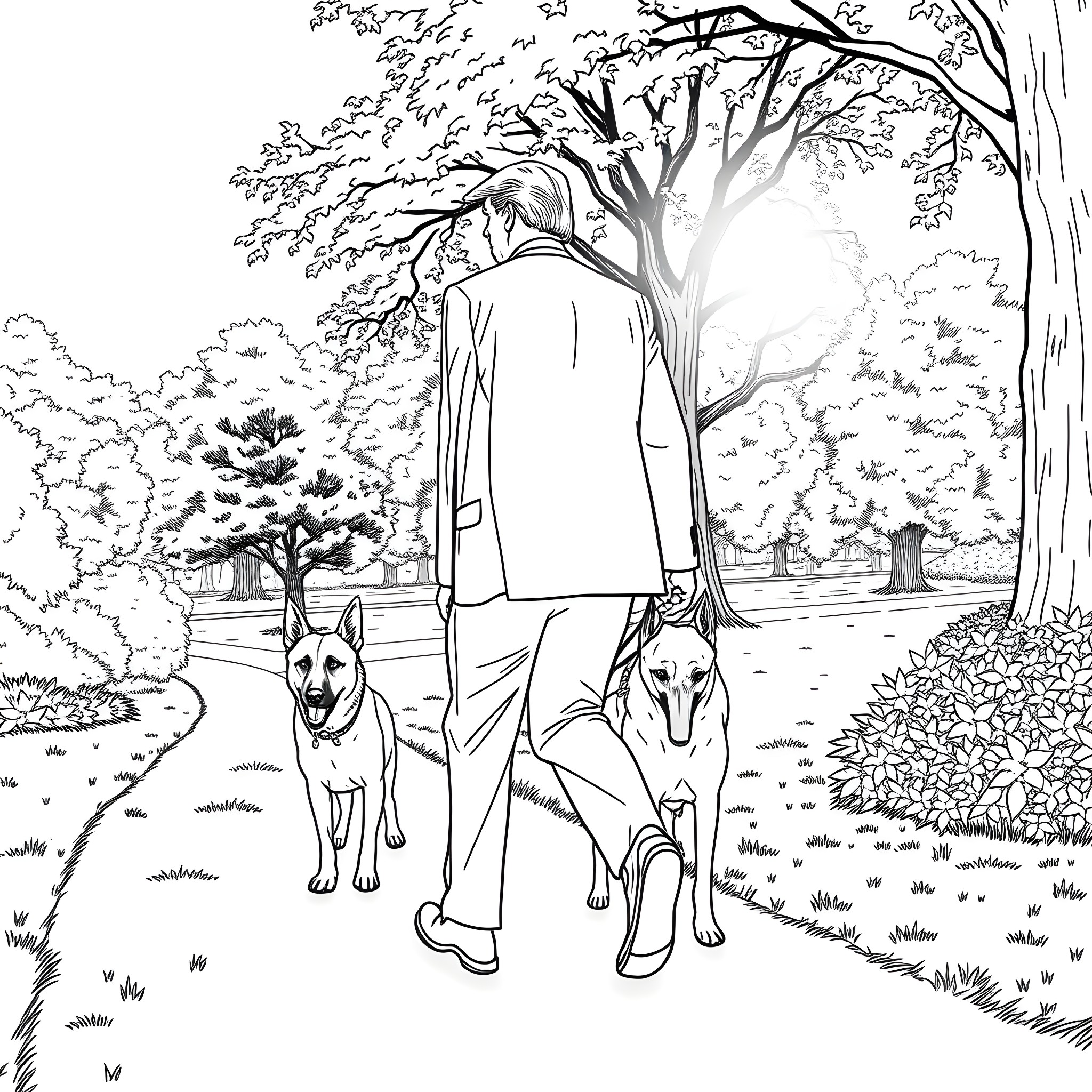 Donald Trump walking with his dogs in a park Coloring Page (free black-and-white line drawing printable PDF for all, from beginners to advanced learners, including children, teens, adults, and seniors)